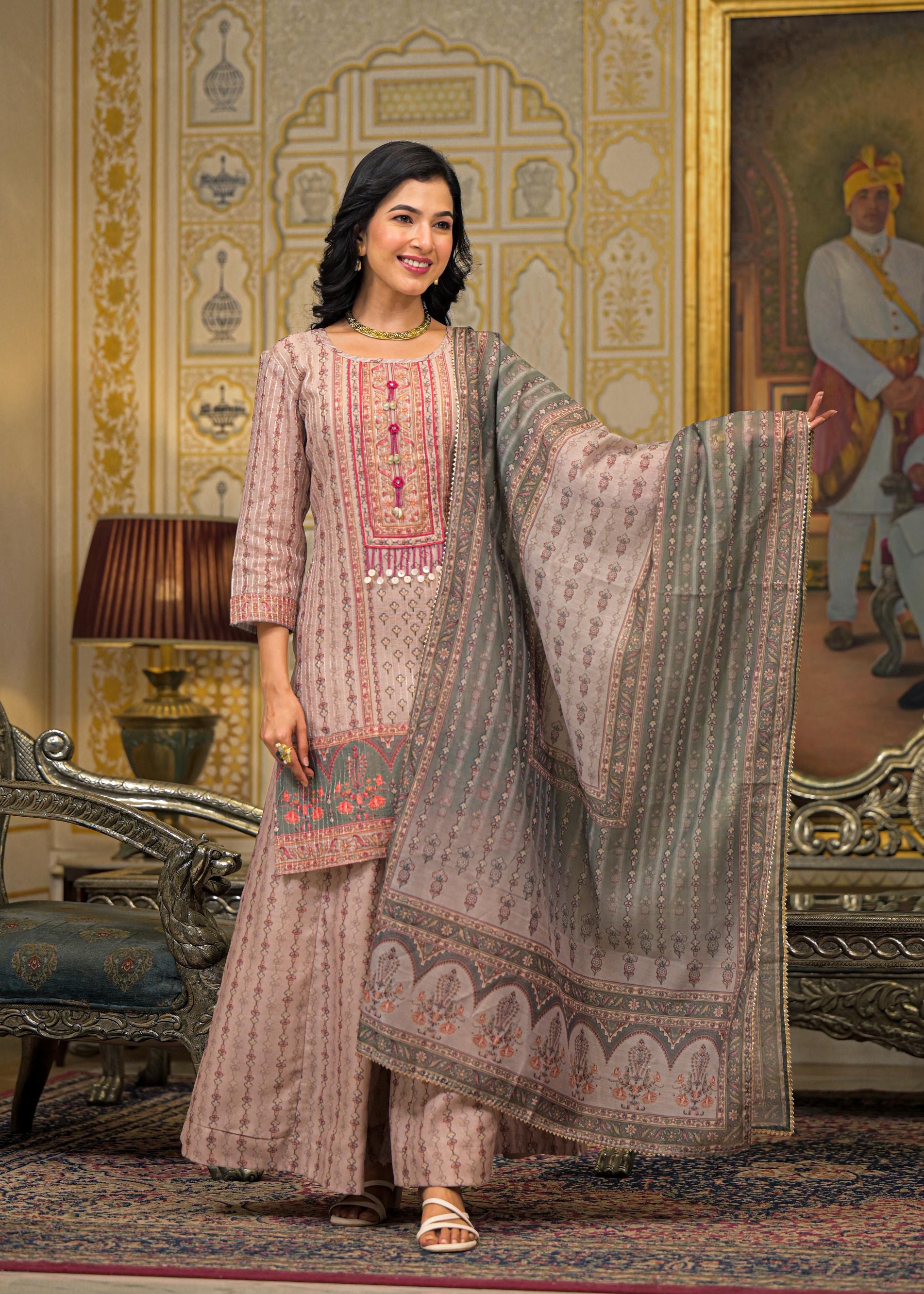 Beige Floral Printed Embroidered Straight Kurta & Palazzo with Dupatta