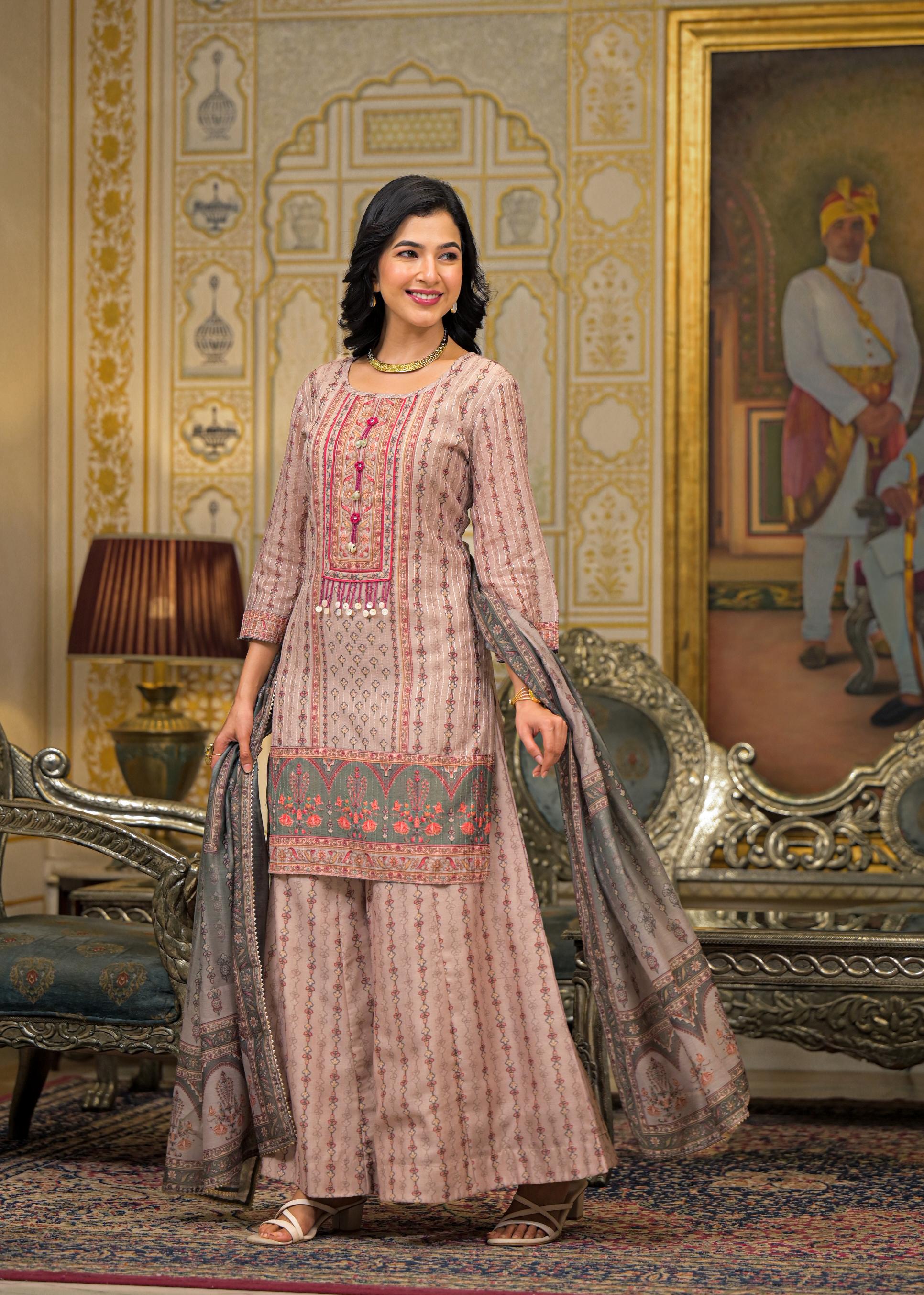 Beige Floral Printed Embroidered Straight Kurta & Palazzo with Dupatta