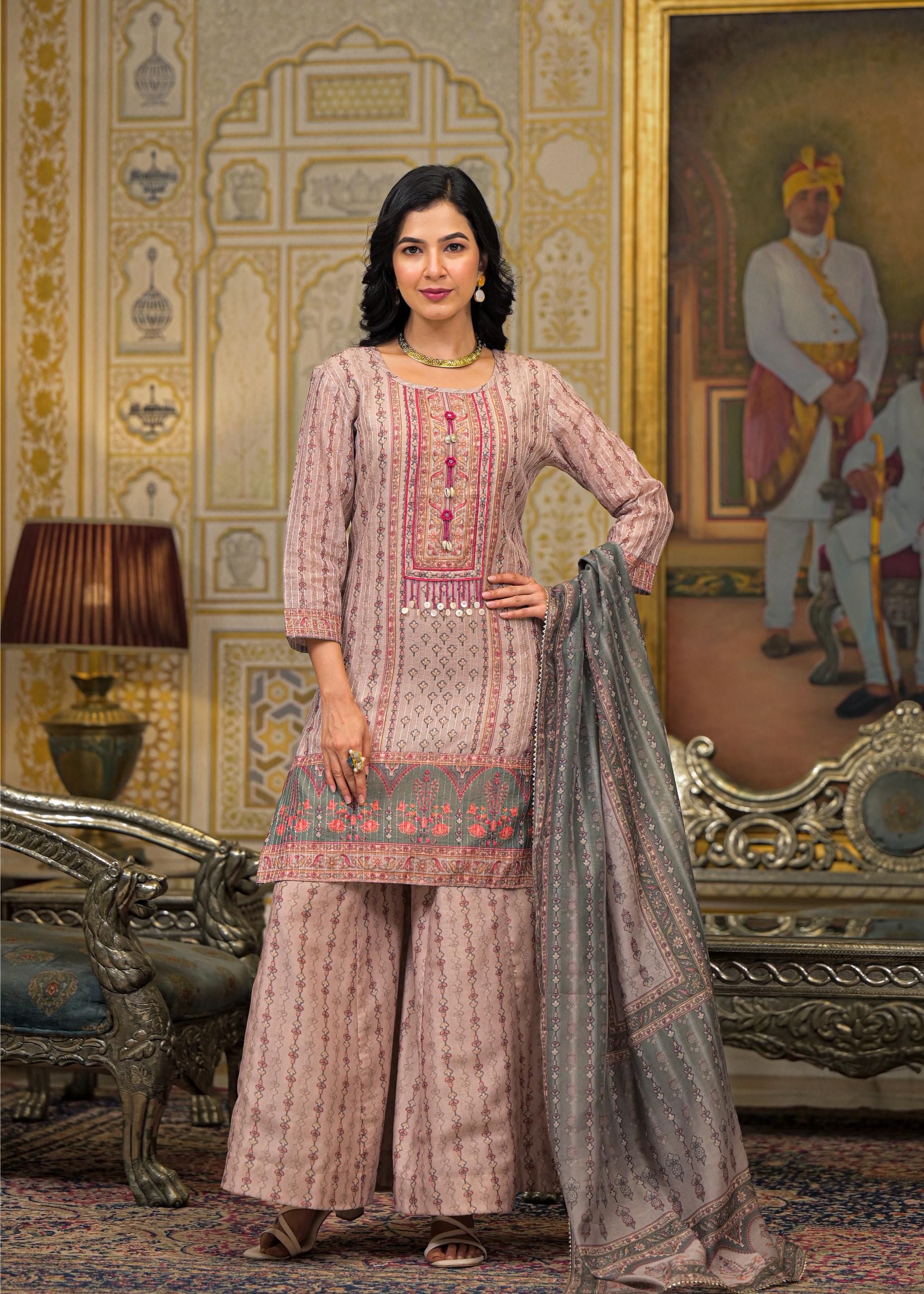 Beige Floral Printed Embroidered Straight Kurta & Palazzo with Dupatta