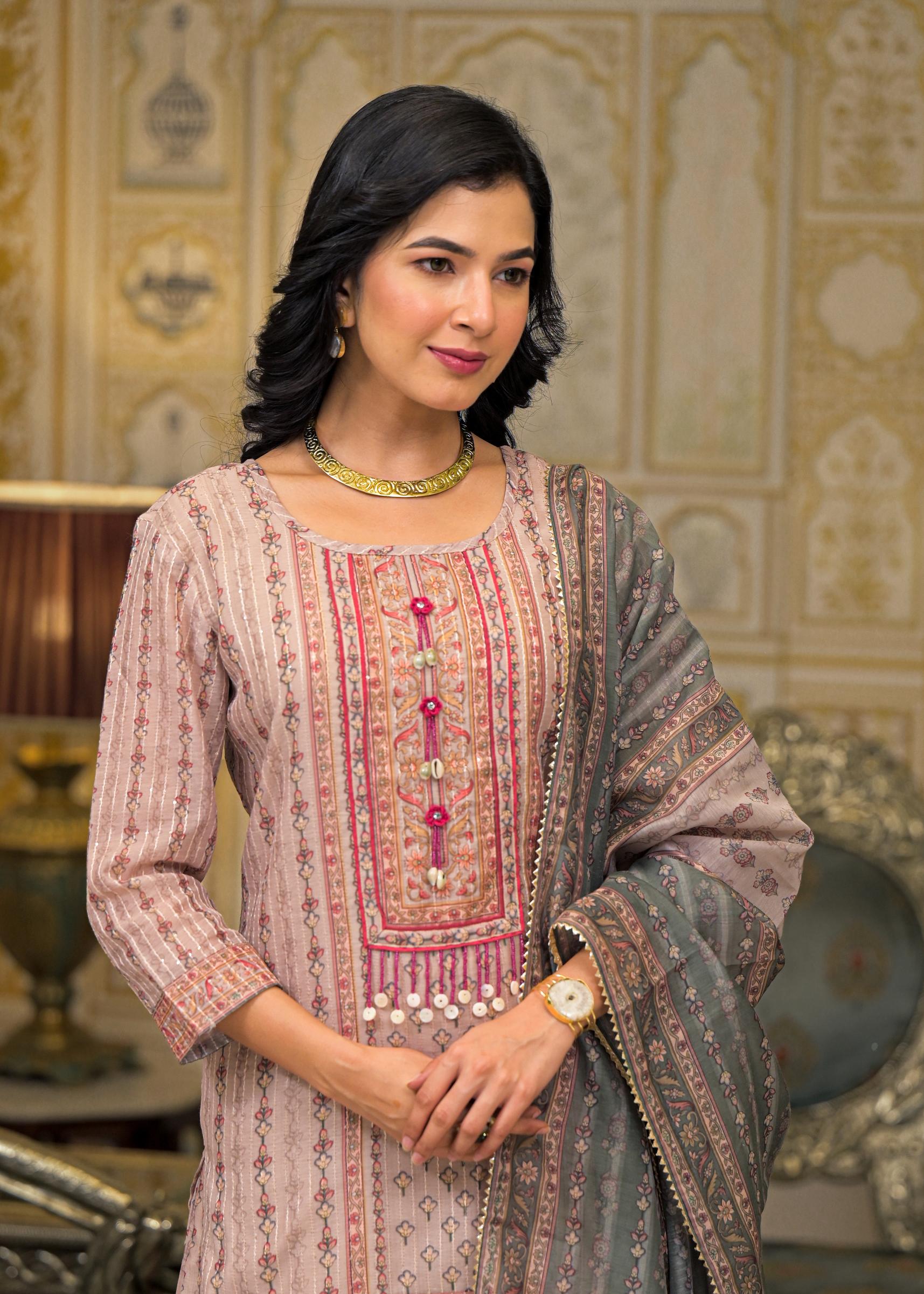 Beige Floral Printed Embroidered Straight Kurta & Palazzo with Dupatta