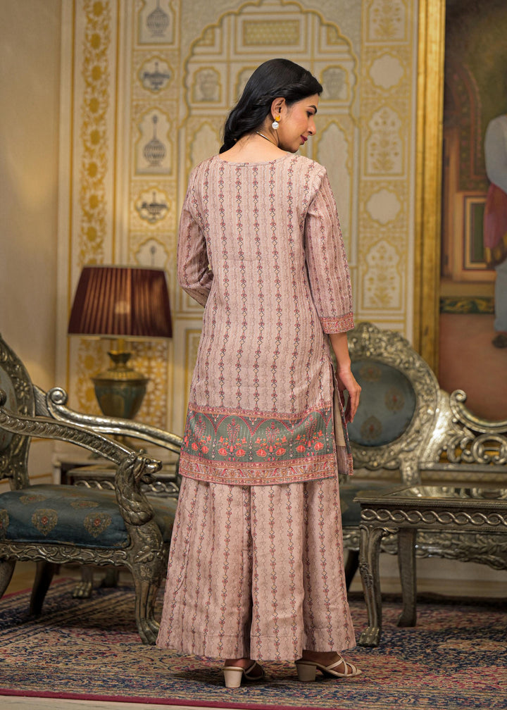 Beige Floral Printed Embroidered Straight Kurta & Palazzo with Dupatta