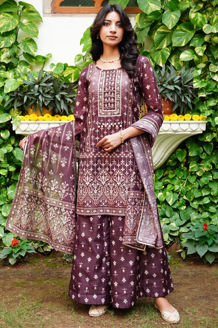 Aavanya Brown Floral Printed Embroidered Round Neck Straight Kurta & Palazzo with Dupatta