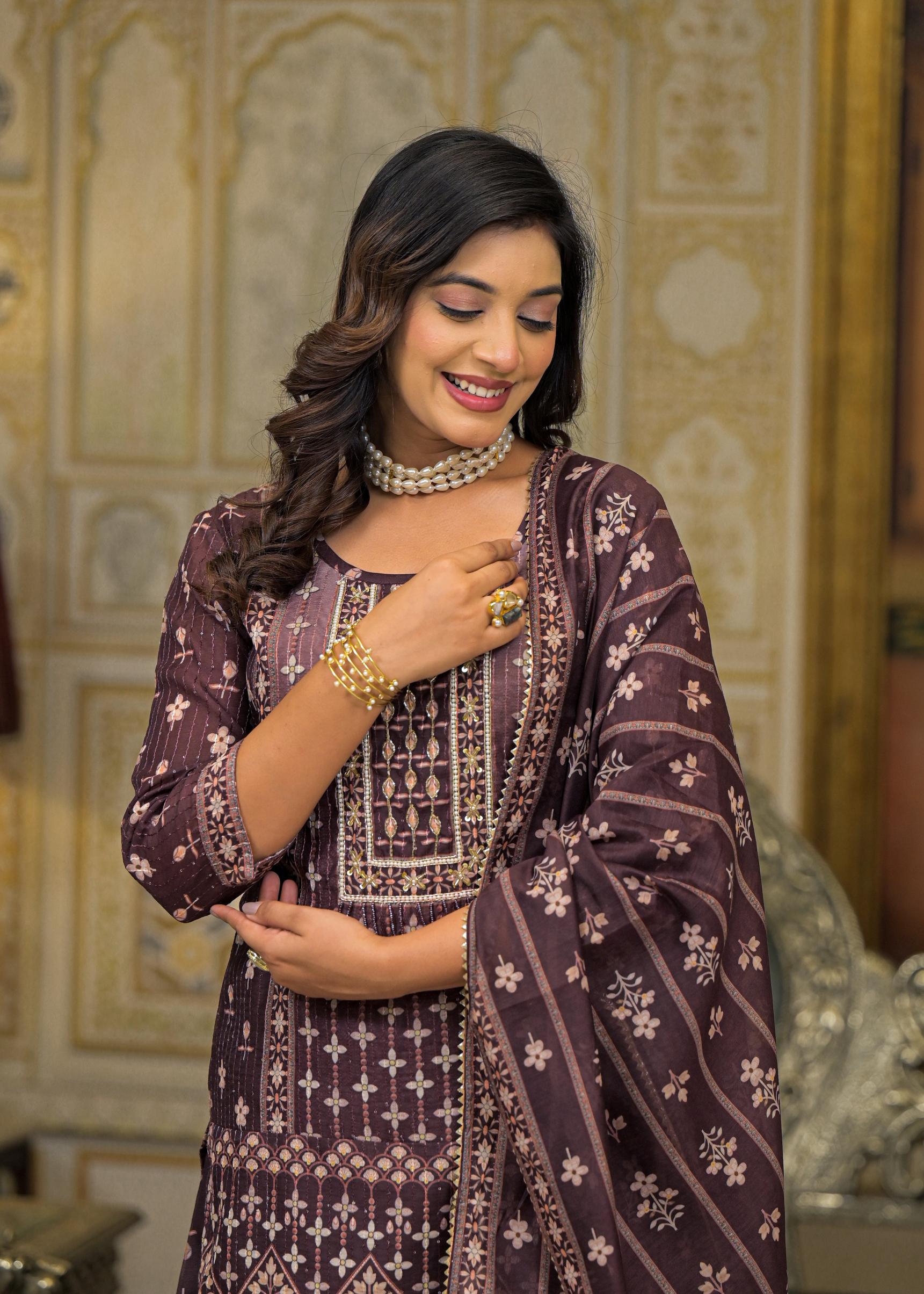 Brown Floral Printed Embroidered Straight Kurta & Palazzo with Dupatta