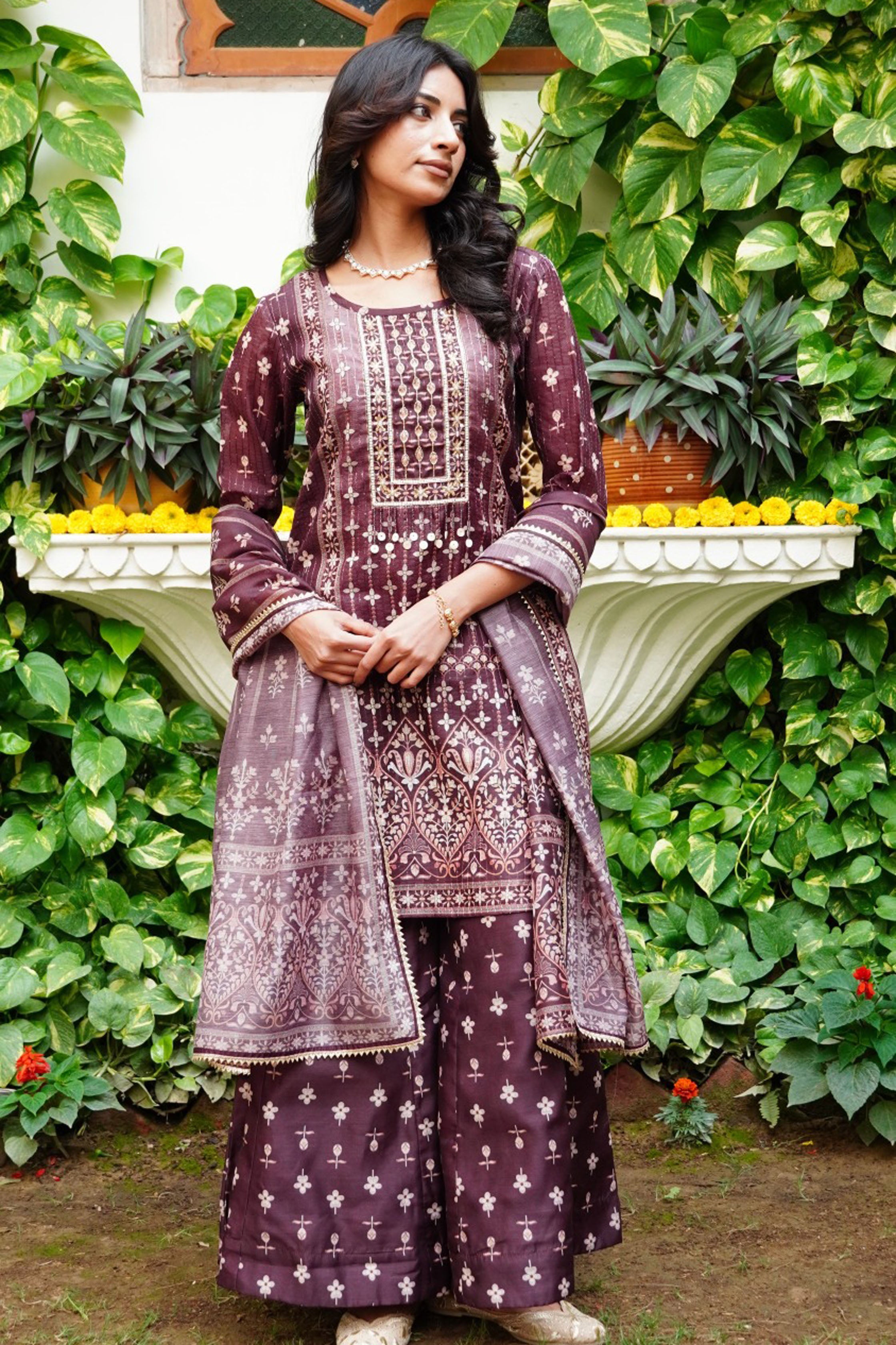 Brown Floral Printed Embroidered Straight Kurta & Palazzo with Dupatta