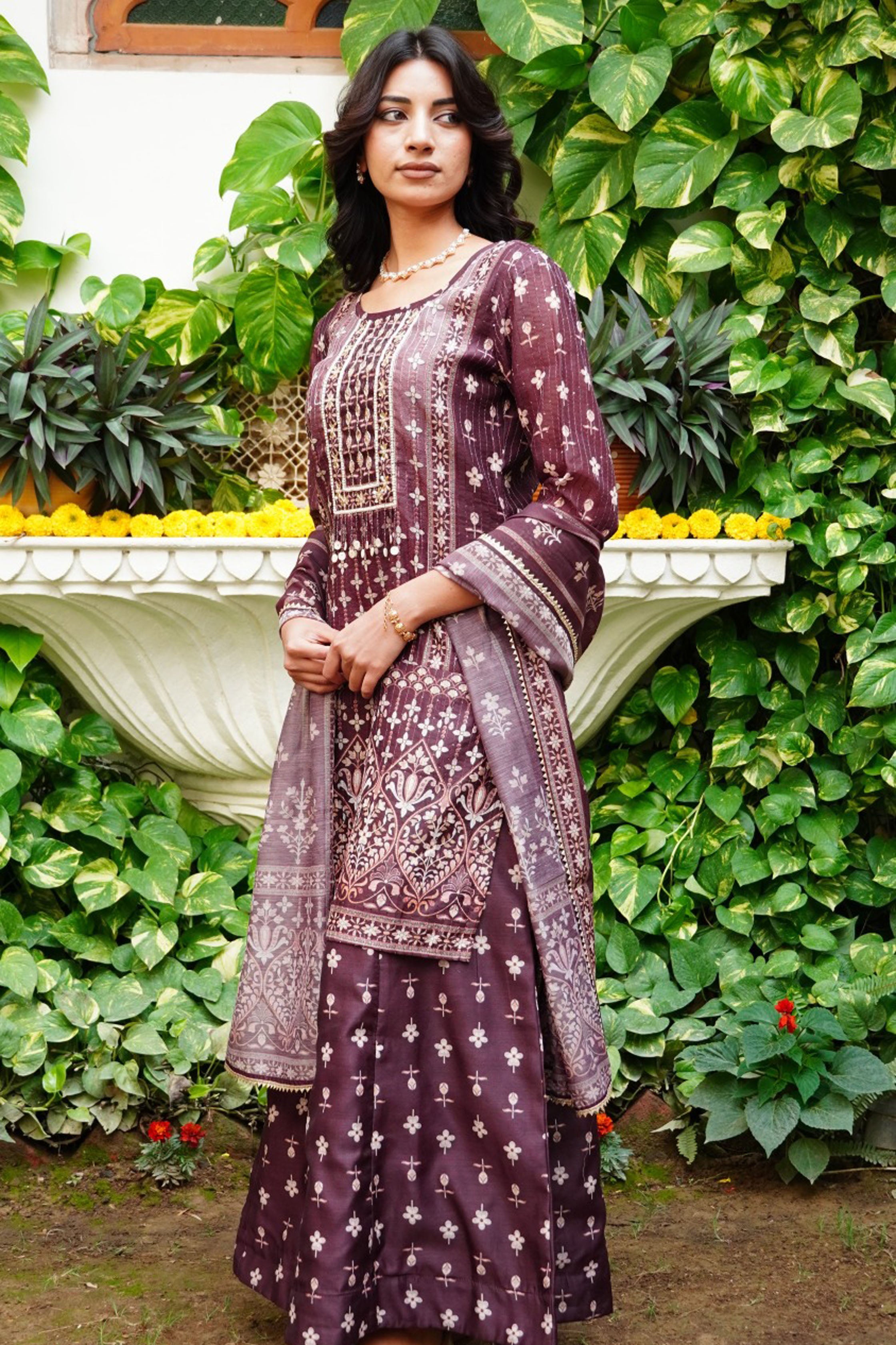 Brown Floral Printed Embroidered Straight Kurta & Palazzo with Dupatta