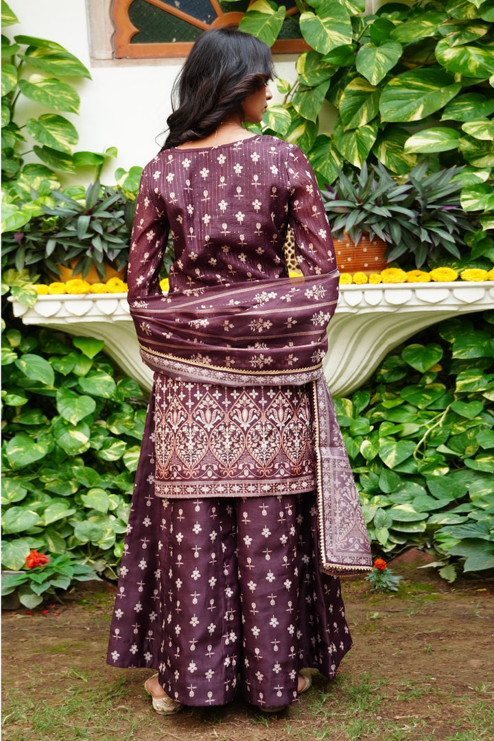 Brown Floral Printed Embroidered Straight Kurta & Palazzo with Dupatta