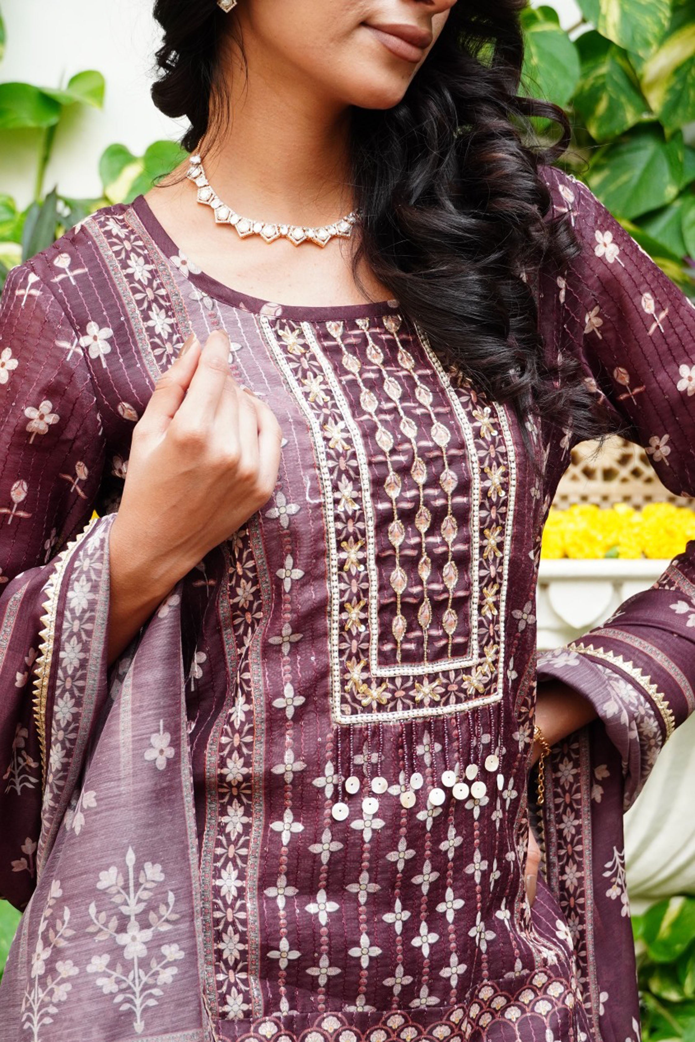Brown Floral Printed Embroidered Straight Kurta & Palazzo with Dupatta