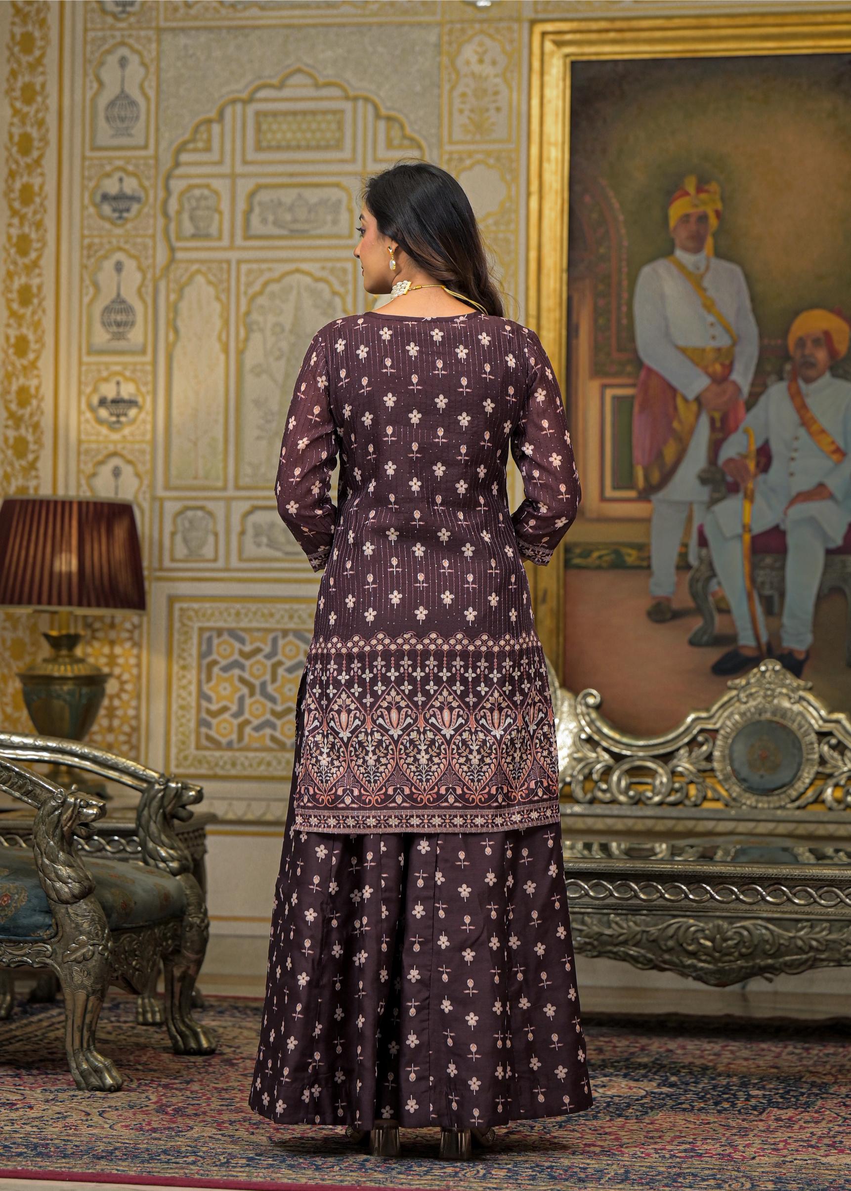 Brown Floral Printed Embroidered Straight Kurta & Palazzo with Dupatta
