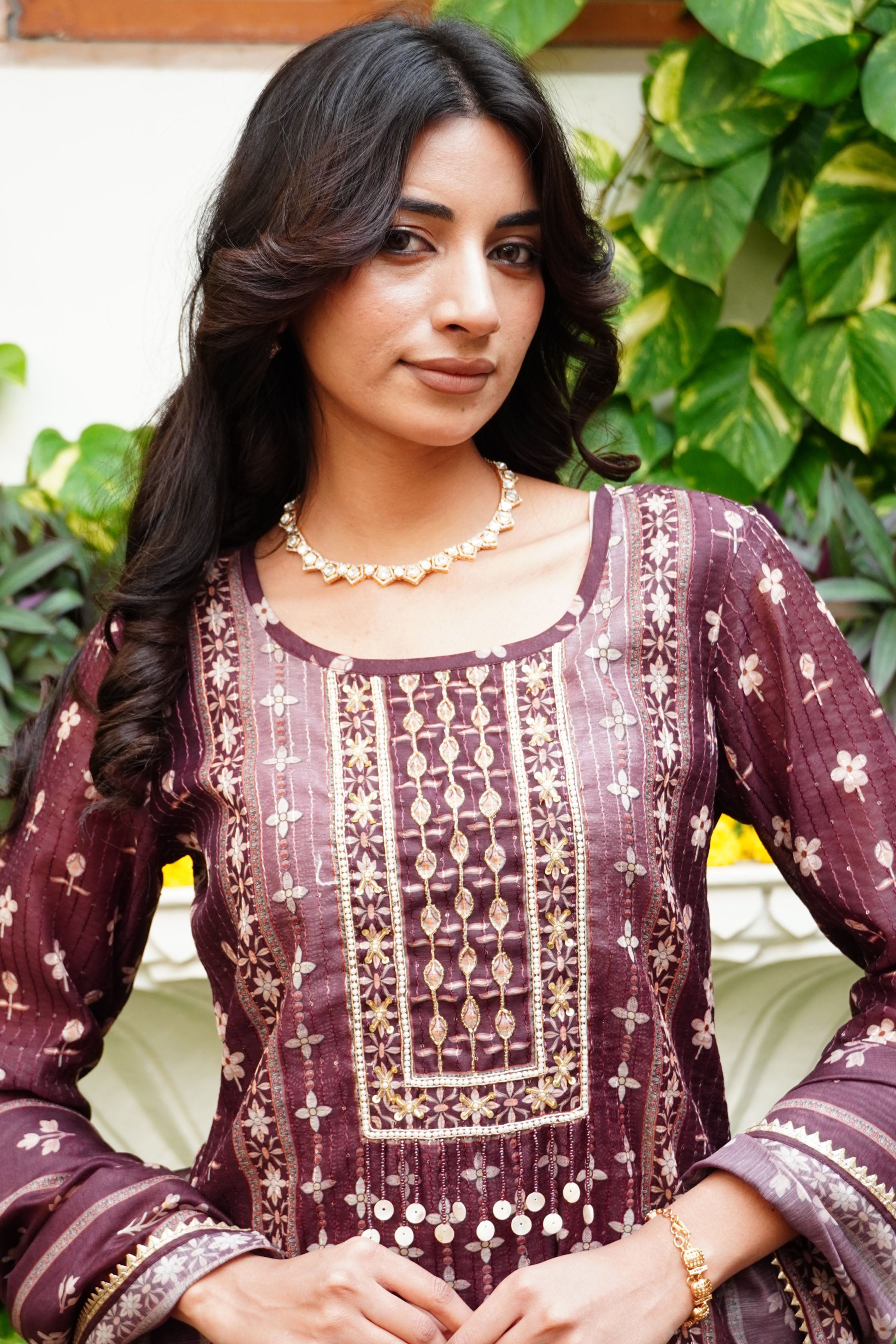 Brown Floral Printed Embroidered Straight Kurta & Palazzo with Dupatta