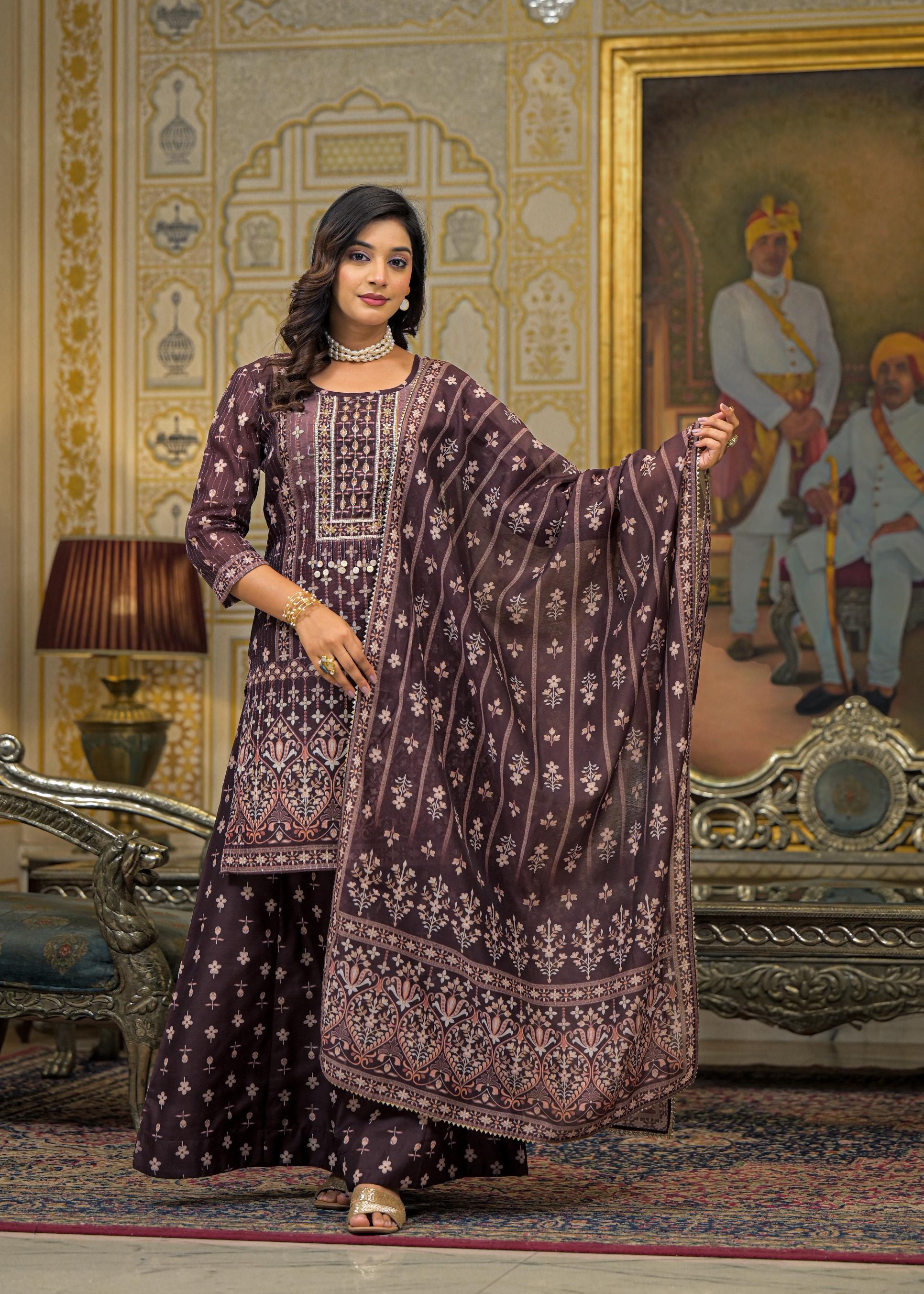 Brown Floral Printed Embroidered Straight Kurta & Palazzo with Dupatta