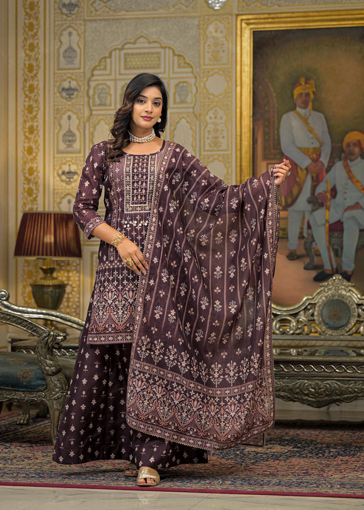 Brown Floral Printed Embroidered Straight Kurta & Palazzo with Dupatta