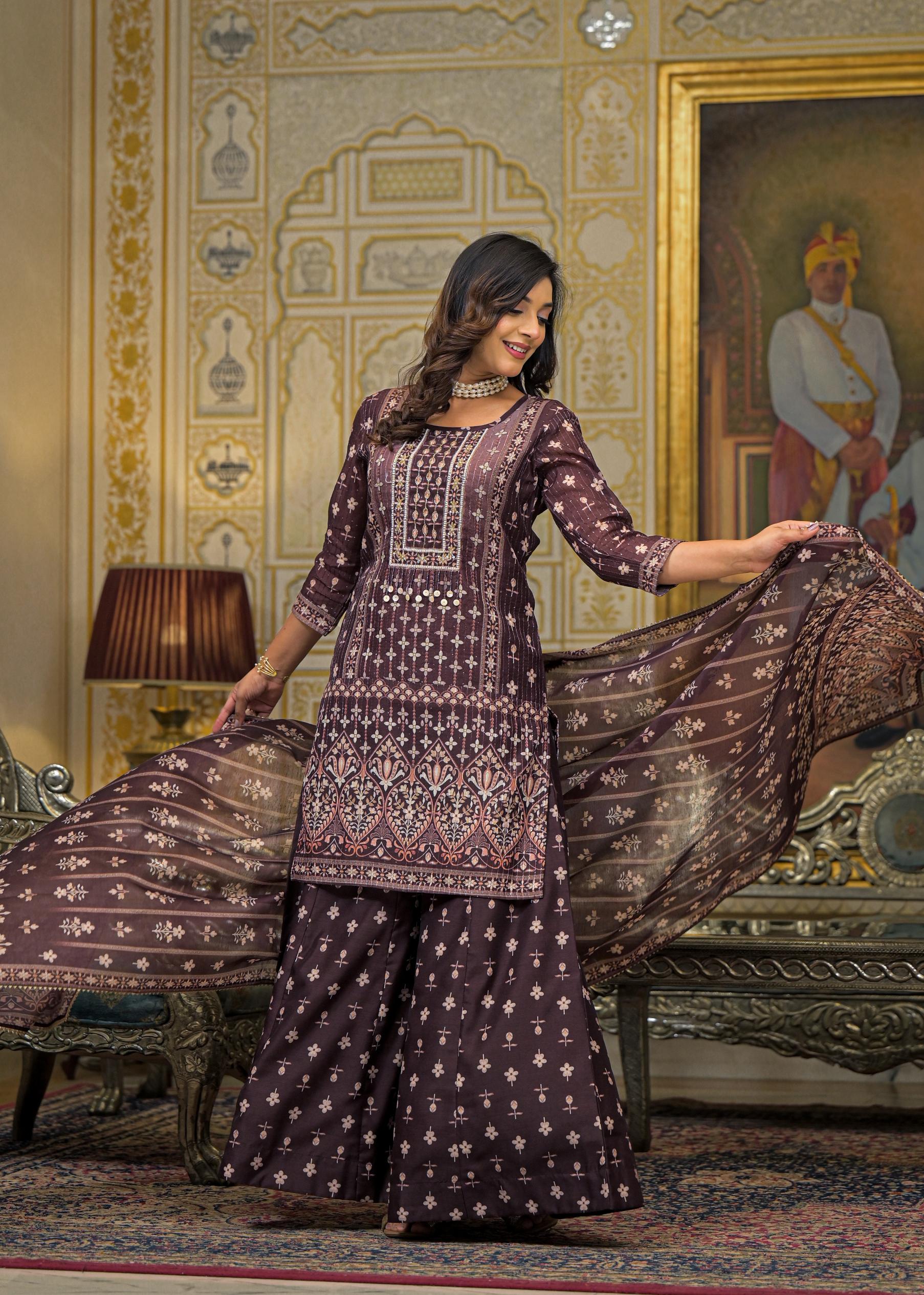 Brown Floral Printed Embroidered Straight Kurta & Palazzo with Dupatta
