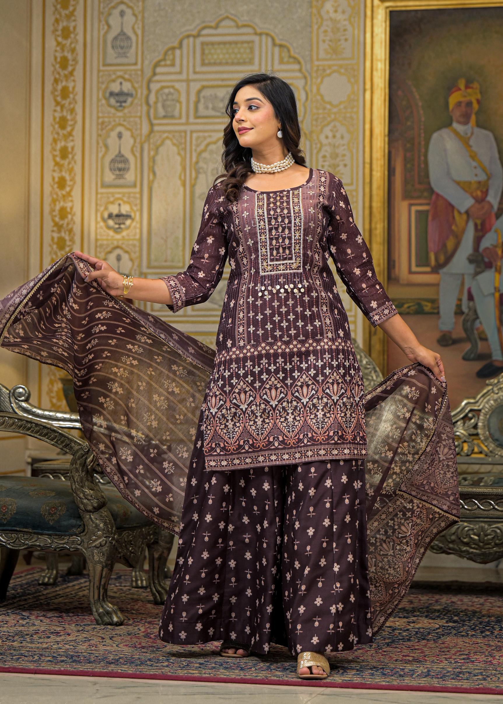 Brown Floral Printed Embroidered Straight Kurta & Palazzo with Dupatta