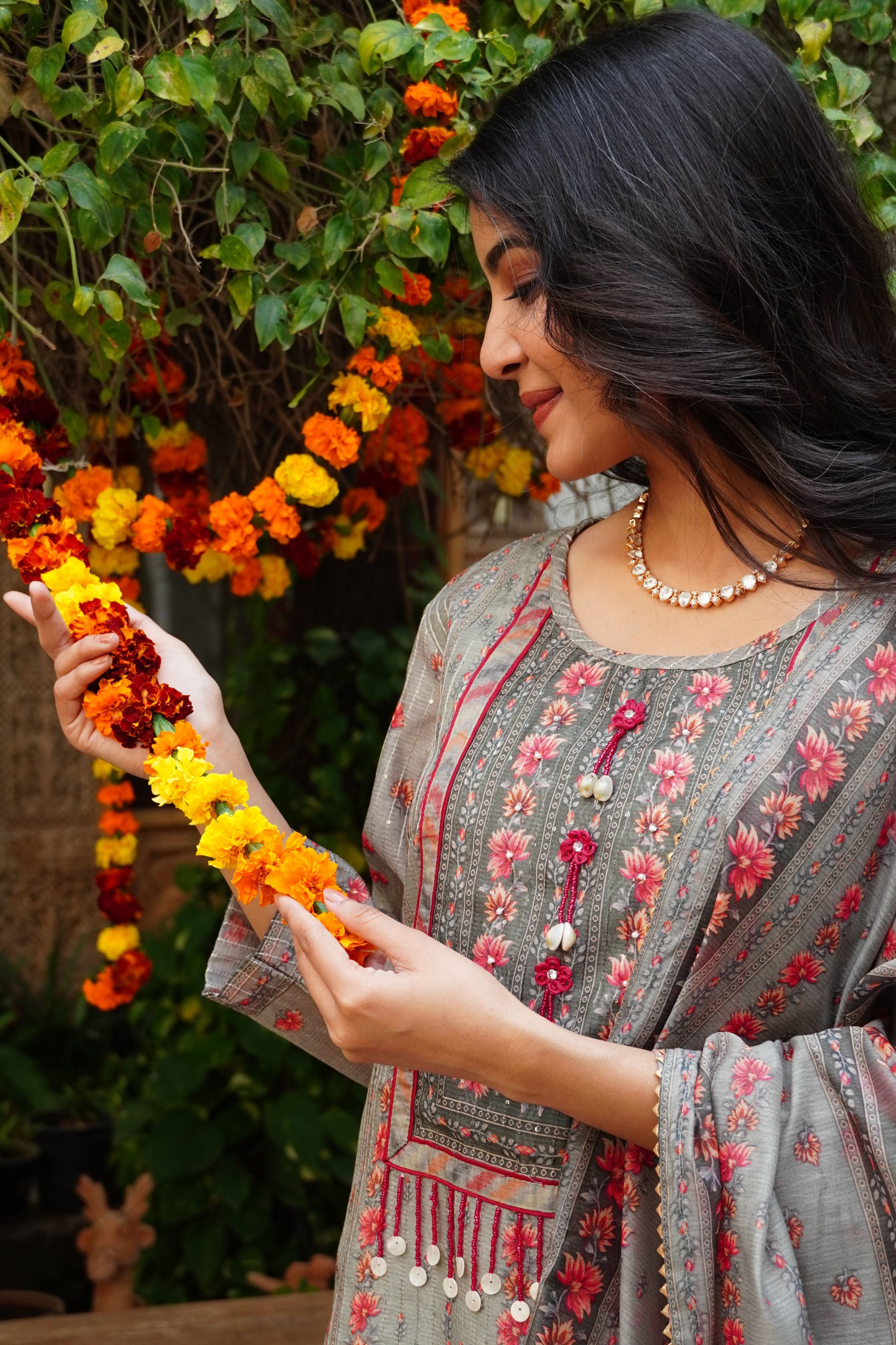 Green Floral Printed Embroidered Straight Kurta & Palazzo with Dupatta