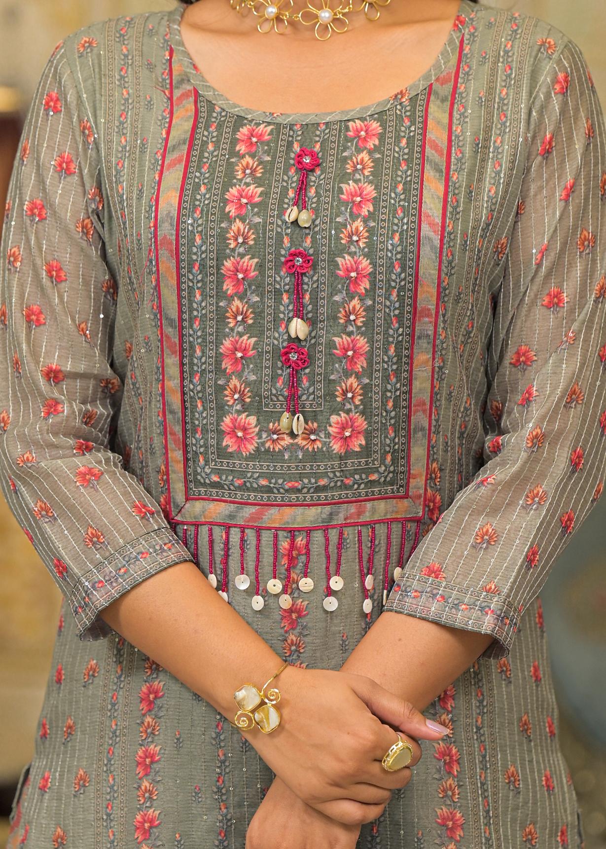 Green Floral Printed Embroidered Straight Kurta & Palazzo with Dupatta