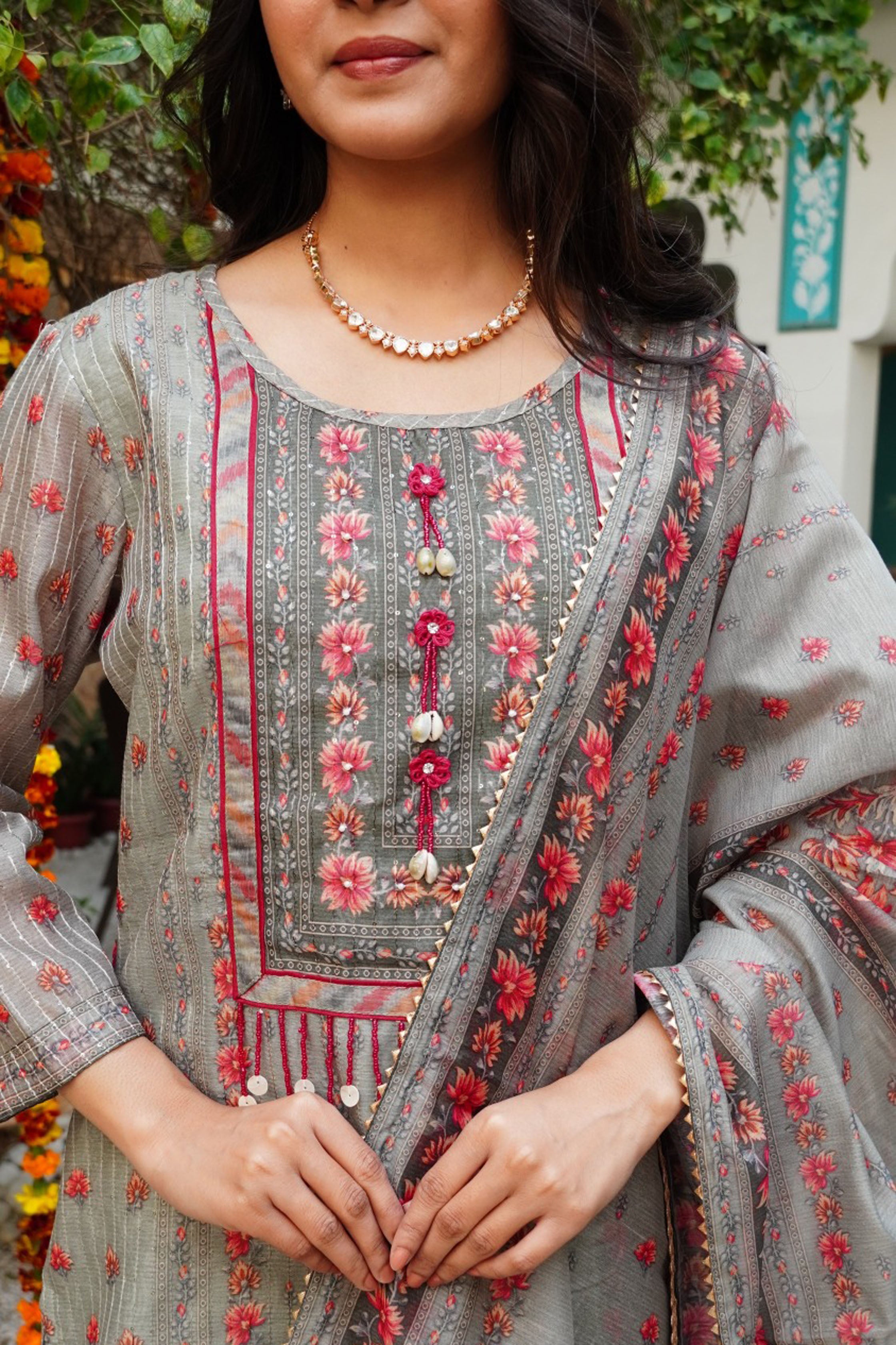 Green Floral Printed Embroidered Straight Kurta & Palazzo with Dupatta