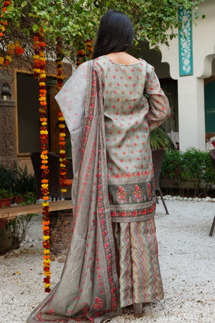 Green Floral Printed Embroidered Straight Kurta & Palazzo with Dupatta