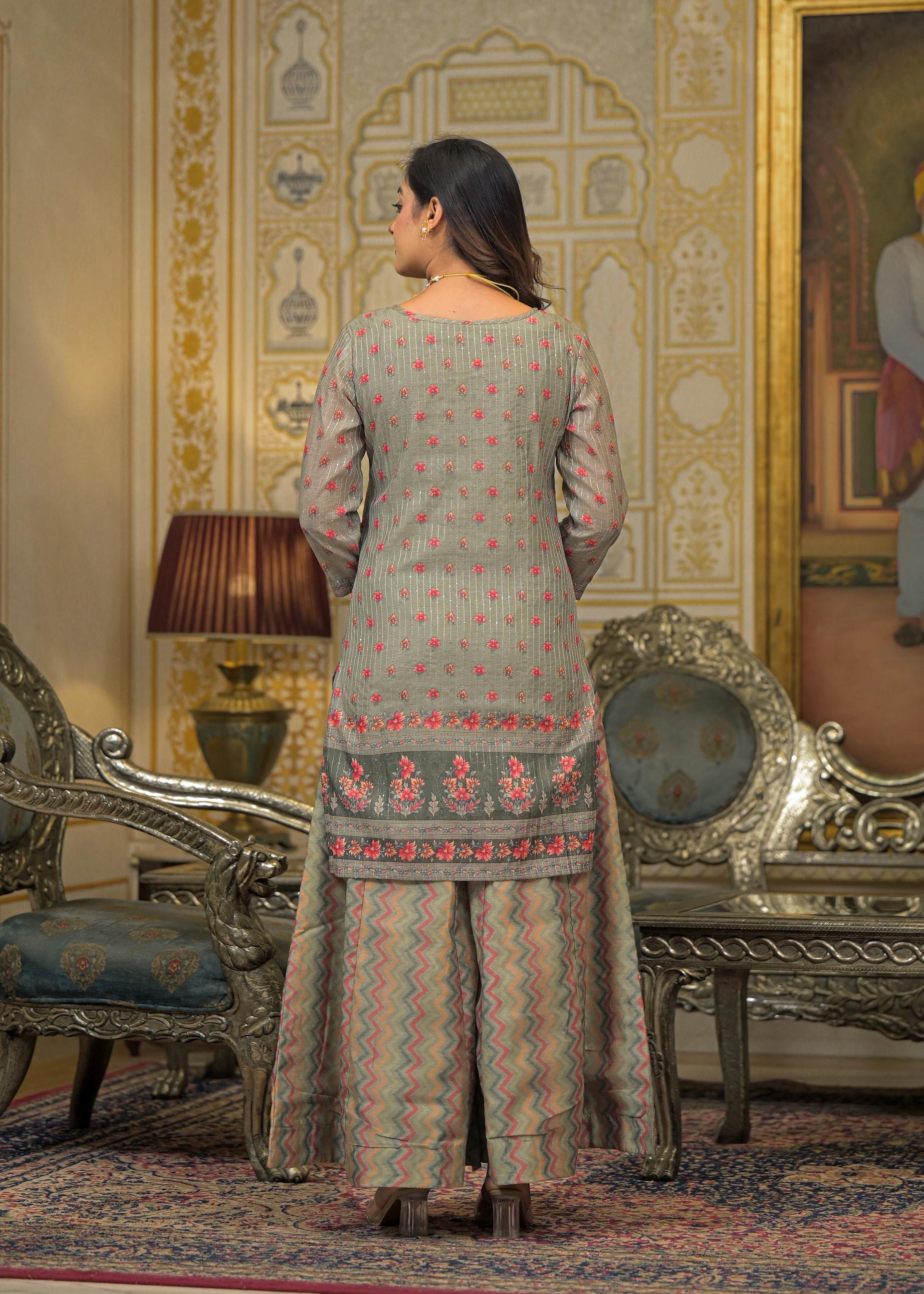 Green Floral Printed Embroidered Straight Kurta & Palazzo with Dupatta