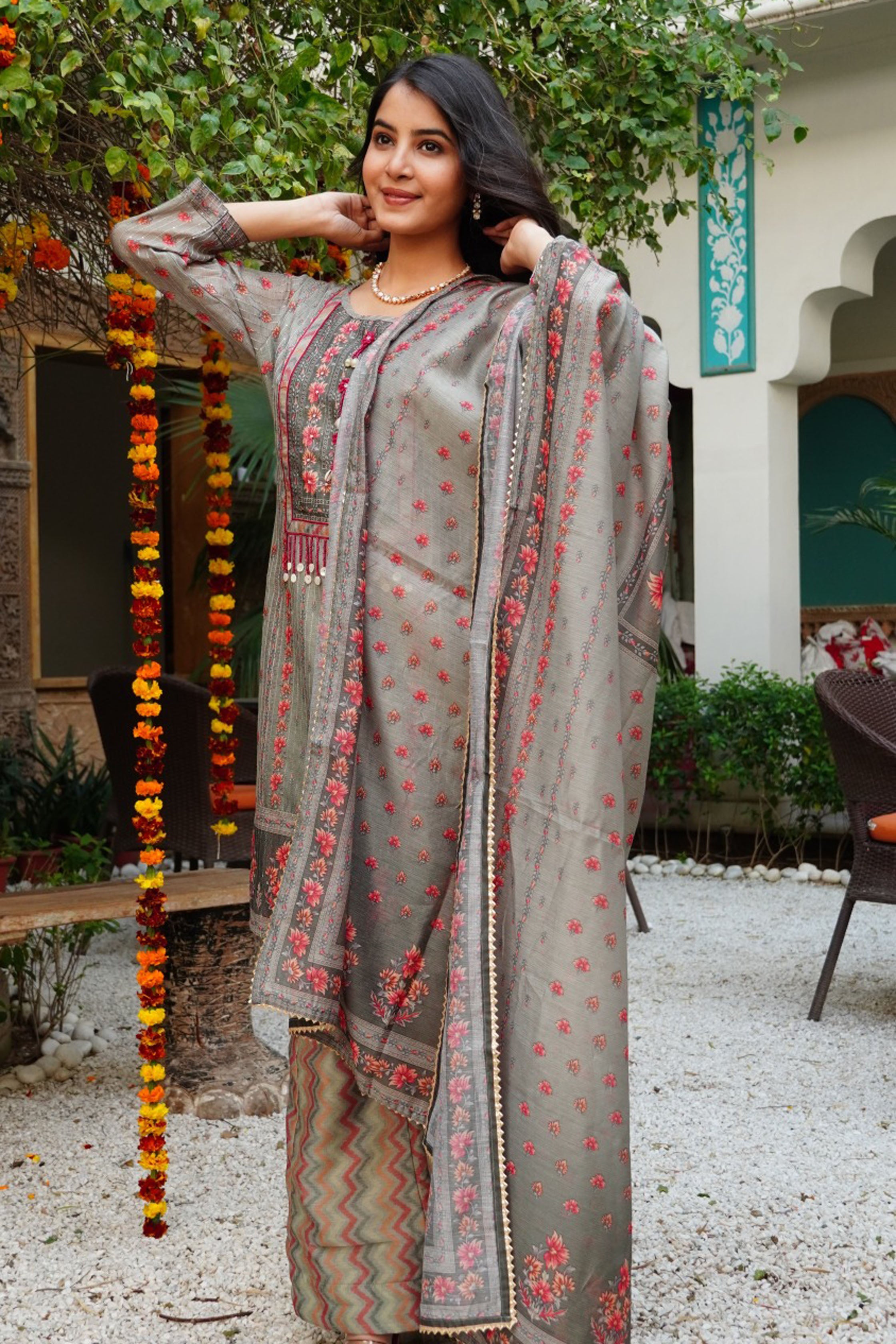 Green Floral Printed Embroidered Straight Kurta & Palazzo with Dupatta