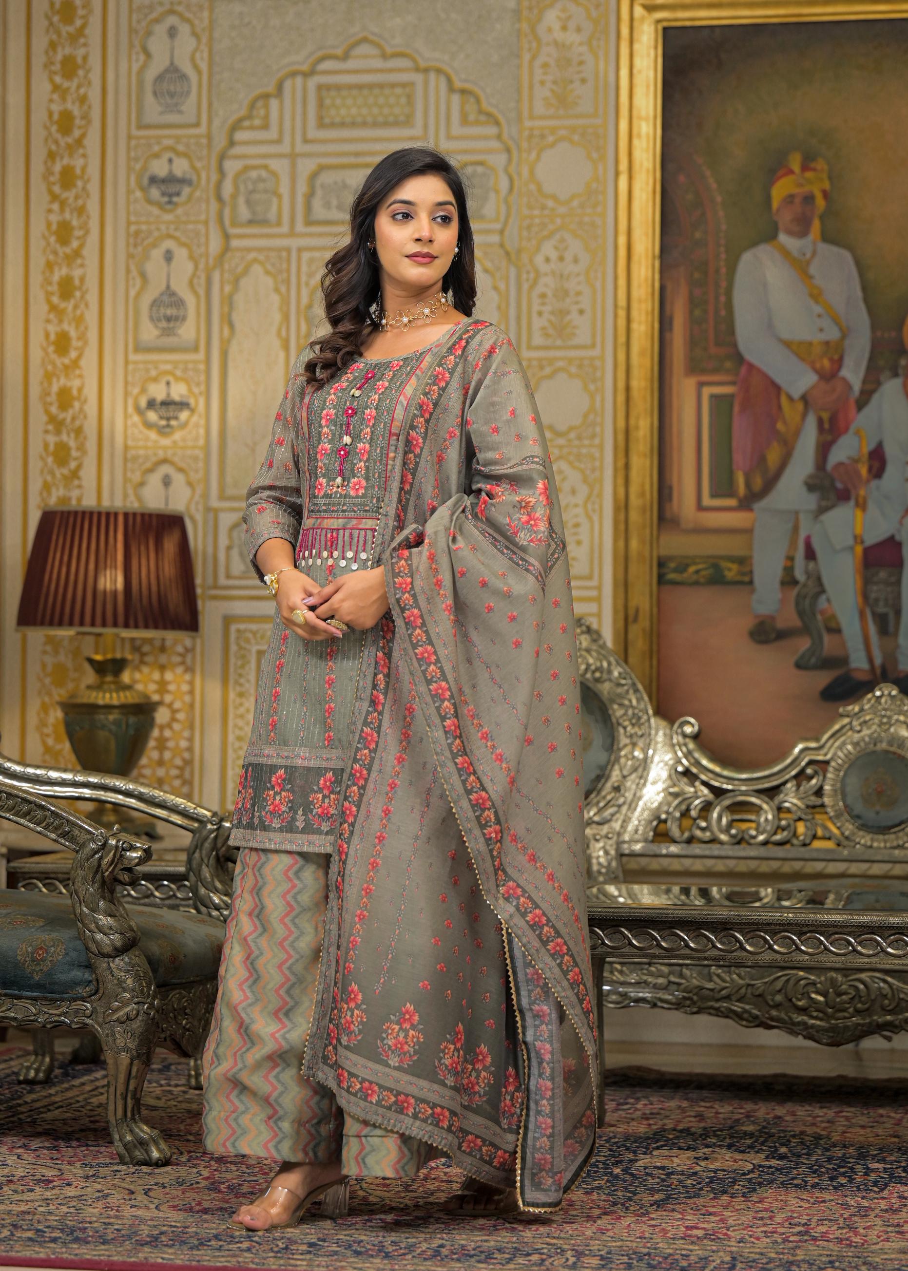 Green Floral Printed Embroidered Straight Kurta & Palazzo with Dupatta
