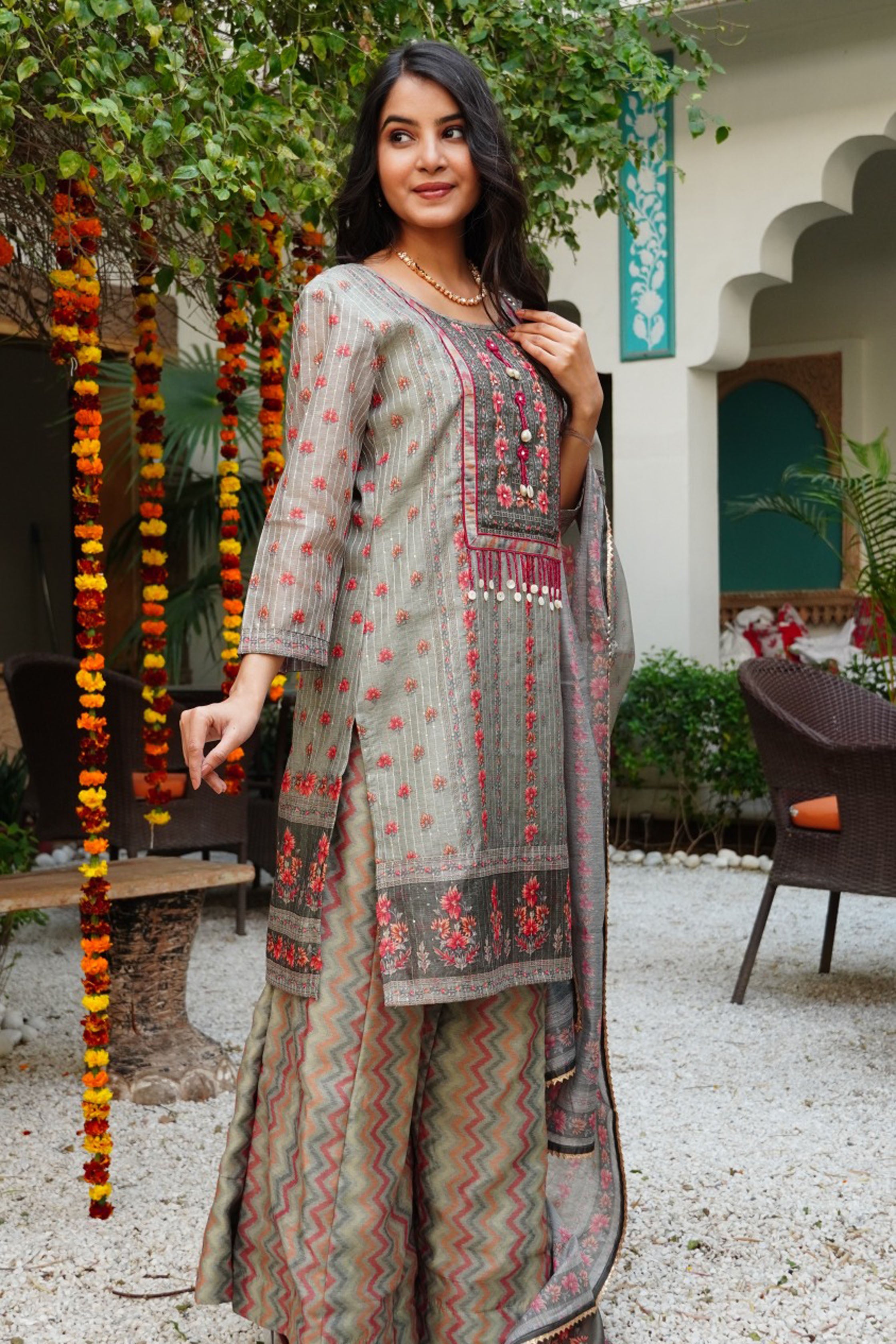 Green Floral Printed Embroidered Straight Kurta & Palazzo with Dupatta