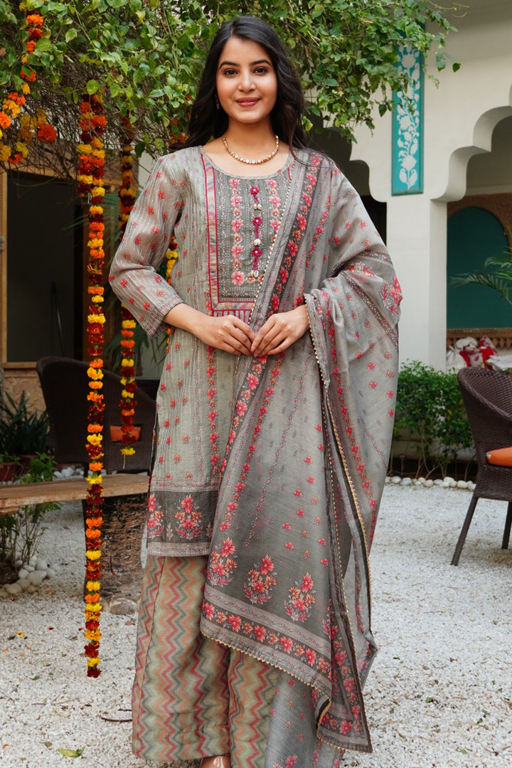 Aavanya Green Floral Printed Embroidered Round Neck Straight Kurta & Palazzo with Dupatta