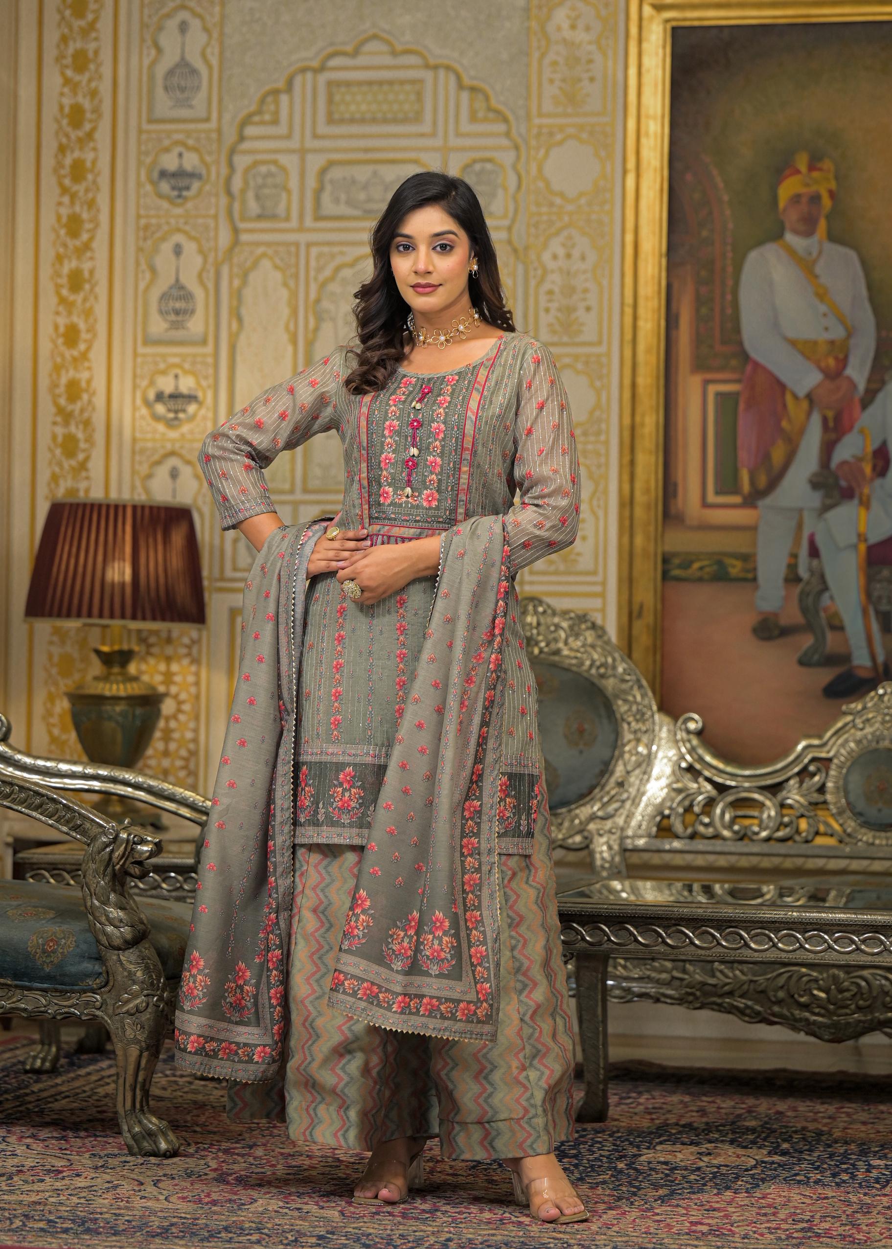 Green Floral Printed Embroidered Straight Kurta & Palazzo with Dupatta