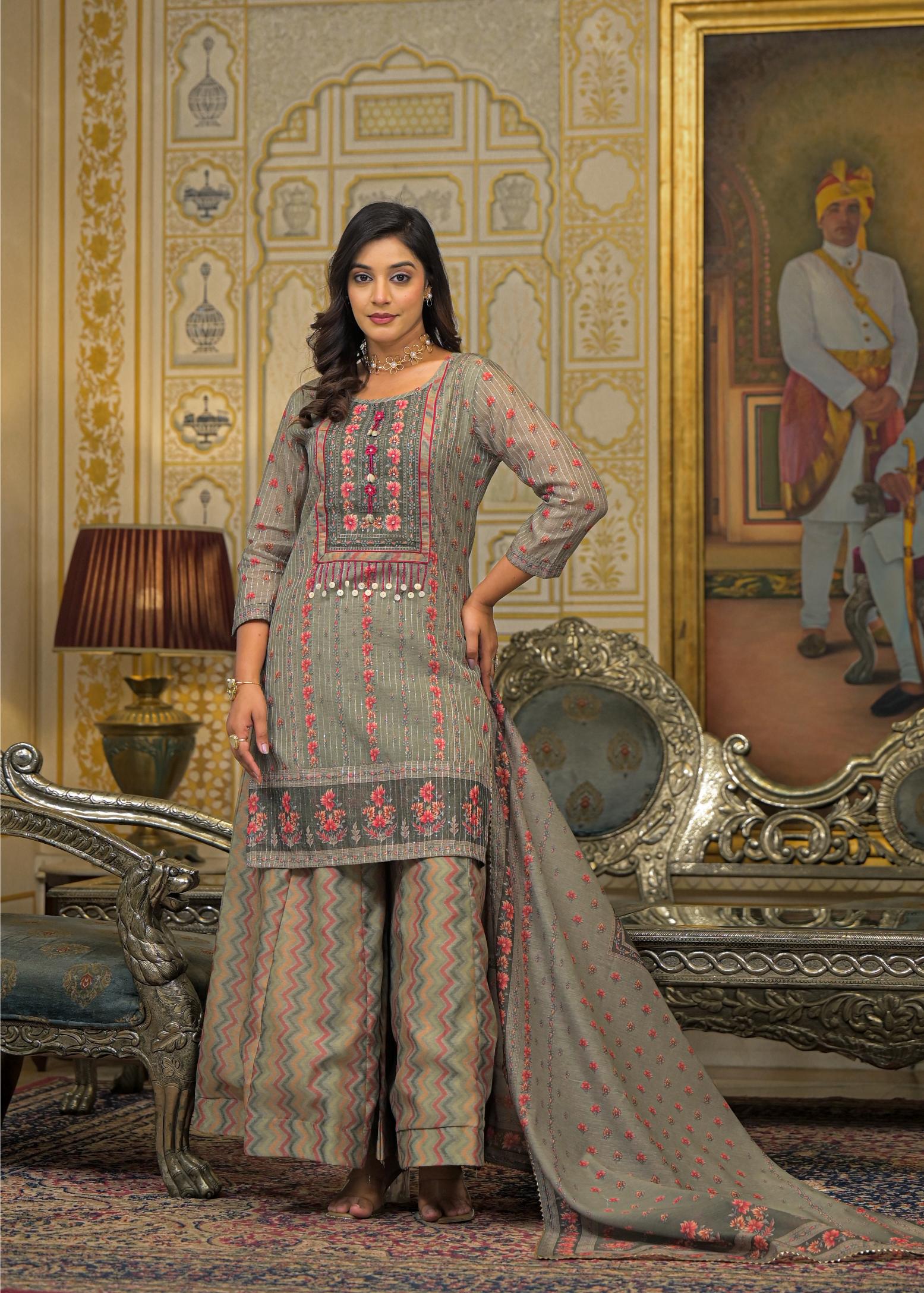 Green Floral Printed Embroidered Straight Kurta & Palazzo with Dupatta