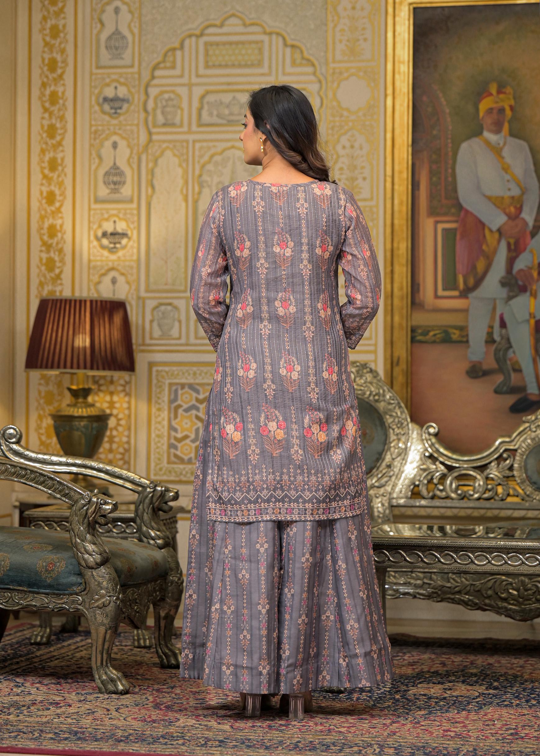 Grey Floral Printed Embroidered Straight Kurta & Palazzo with Dupatta