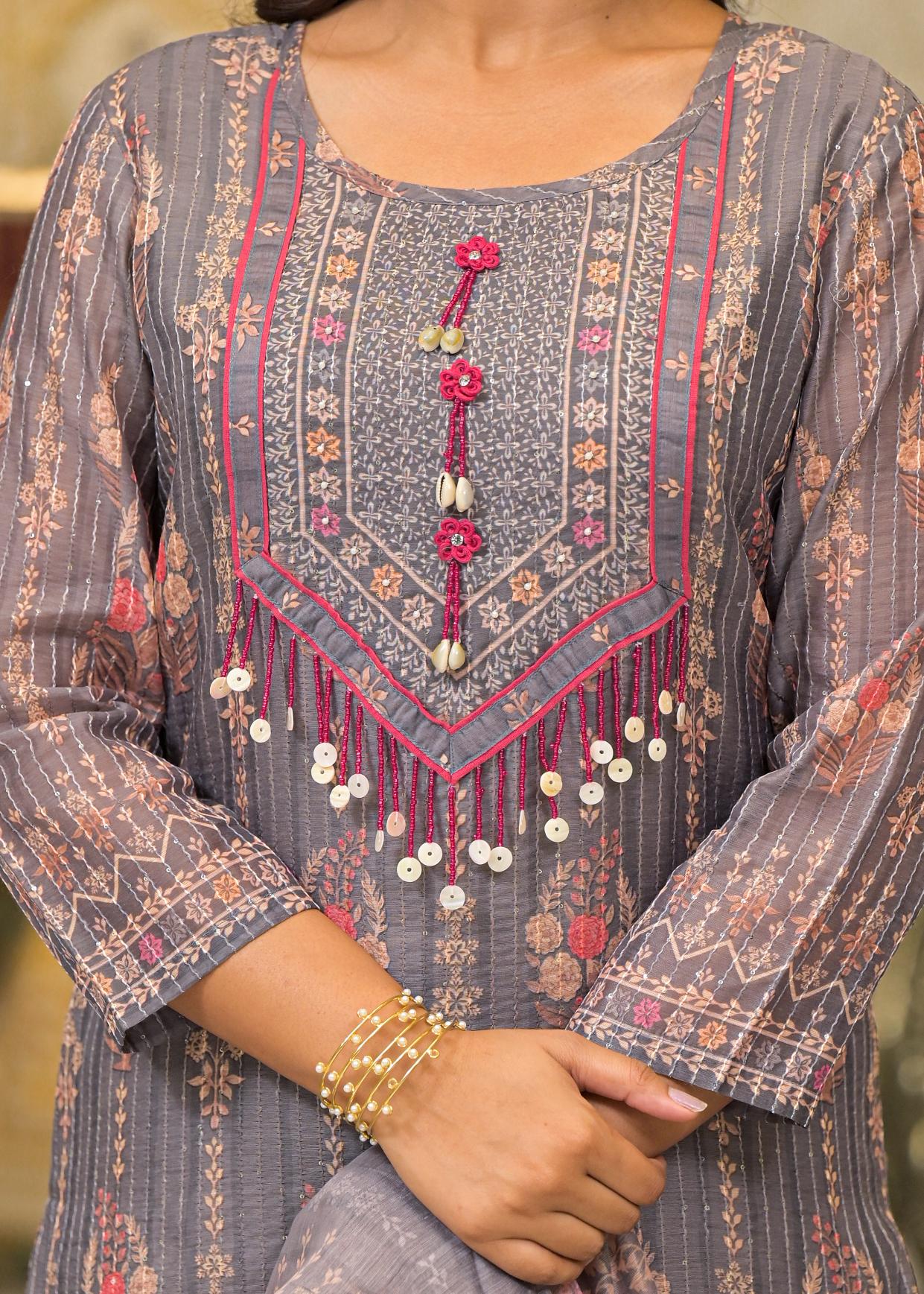 Grey Floral Printed Embroidered Straight Kurta & Palazzo with Dupatta