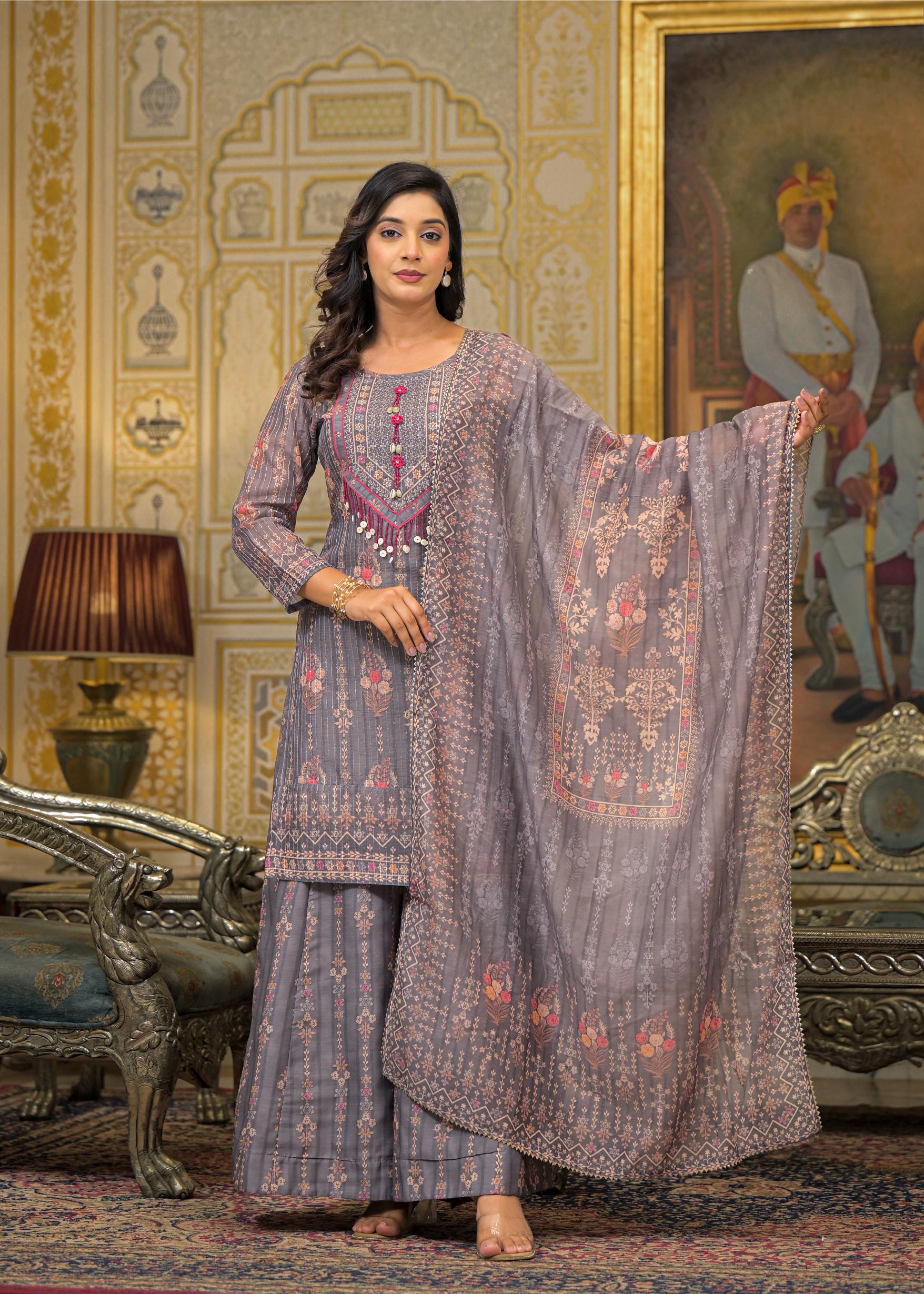 Grey Floral Printed Embroidered Straight Kurta & Palazzo with Dupatta