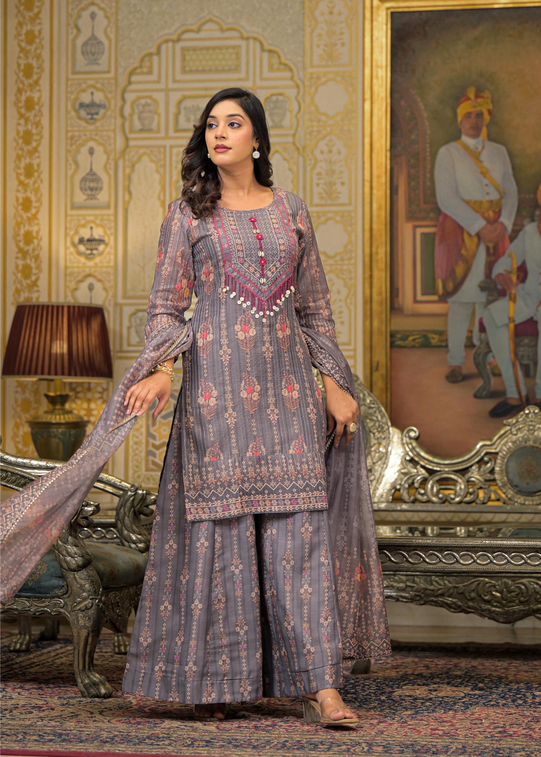 Grey Floral Printed Embroidered Straight Kurta & Palazzo with Dupatta