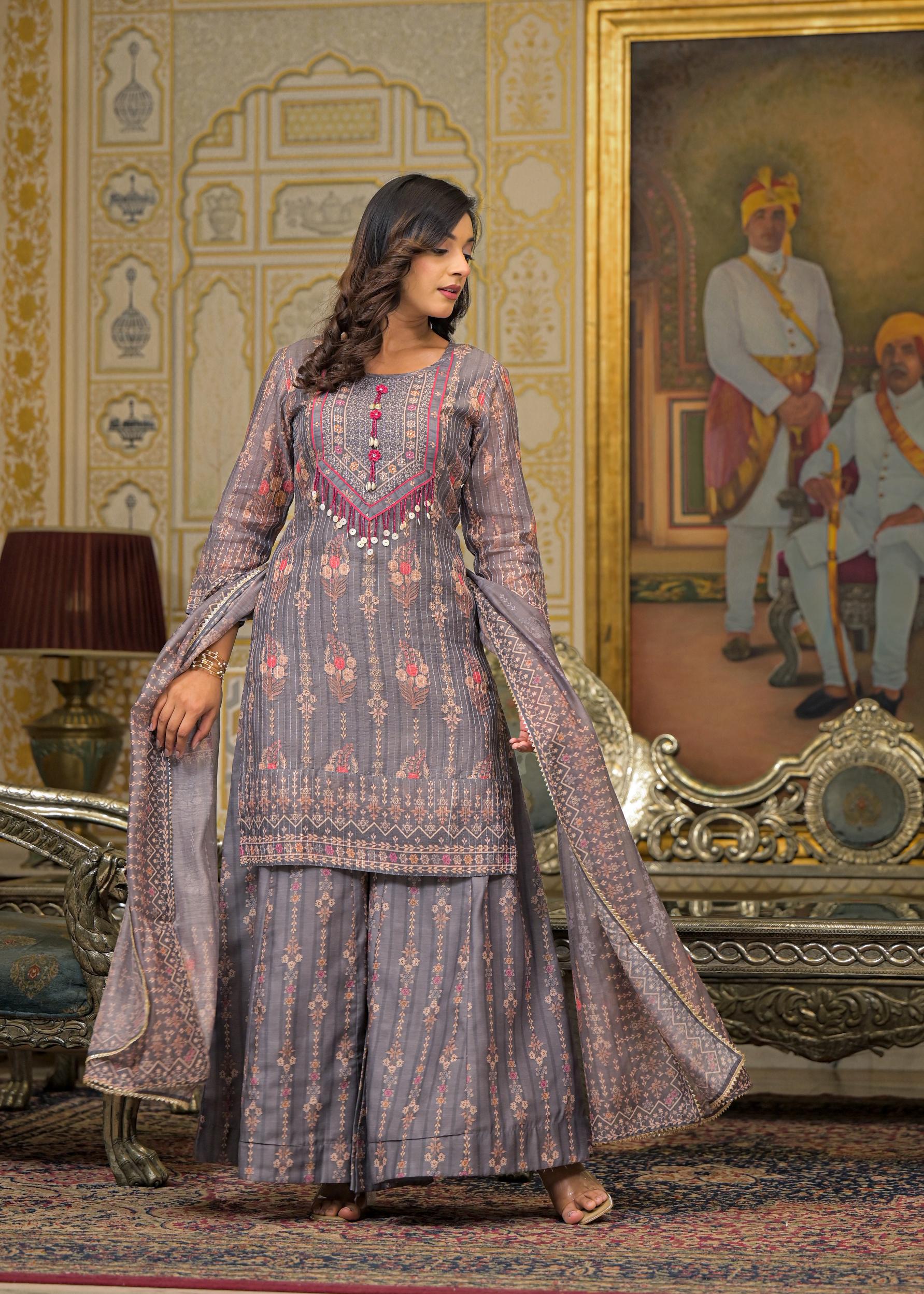 Grey Floral Printed Embroidered Straight Kurta & Palazzo with Dupatta