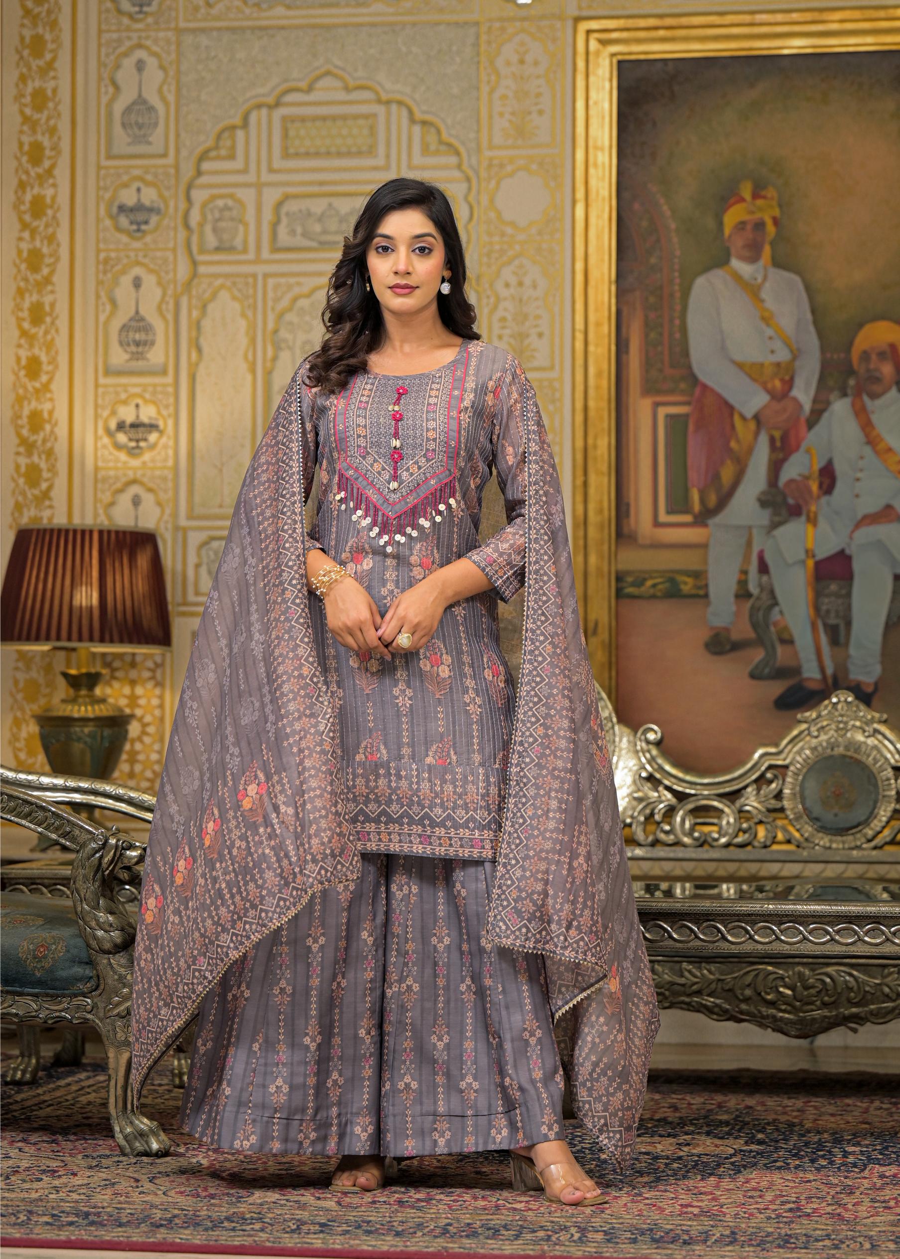 Grey Floral Printed Embroidered Straight Kurta & Palazzo with Dupatta