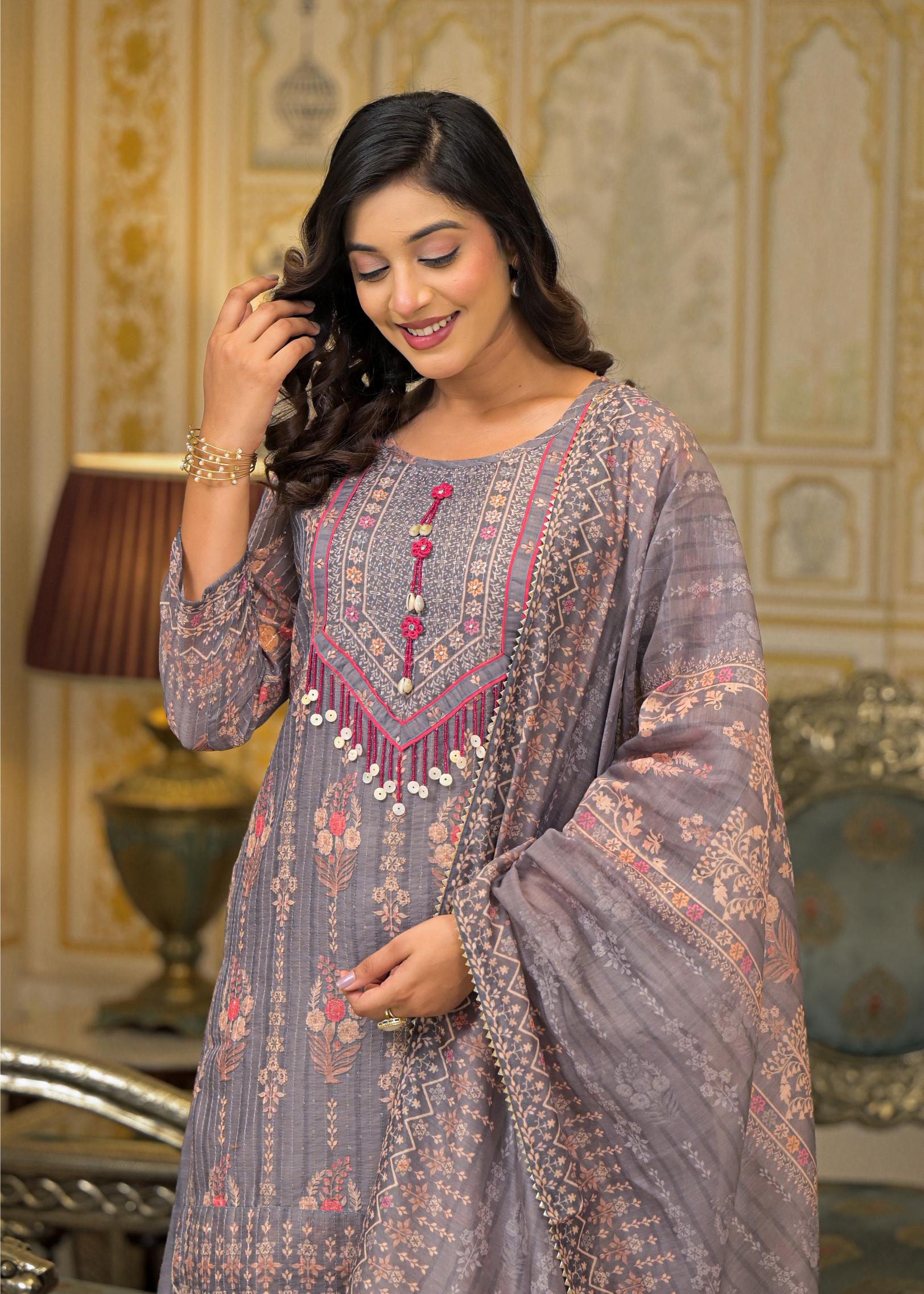 Grey Floral Printed Embroidered Straight Kurta & Palazzo with Dupatta