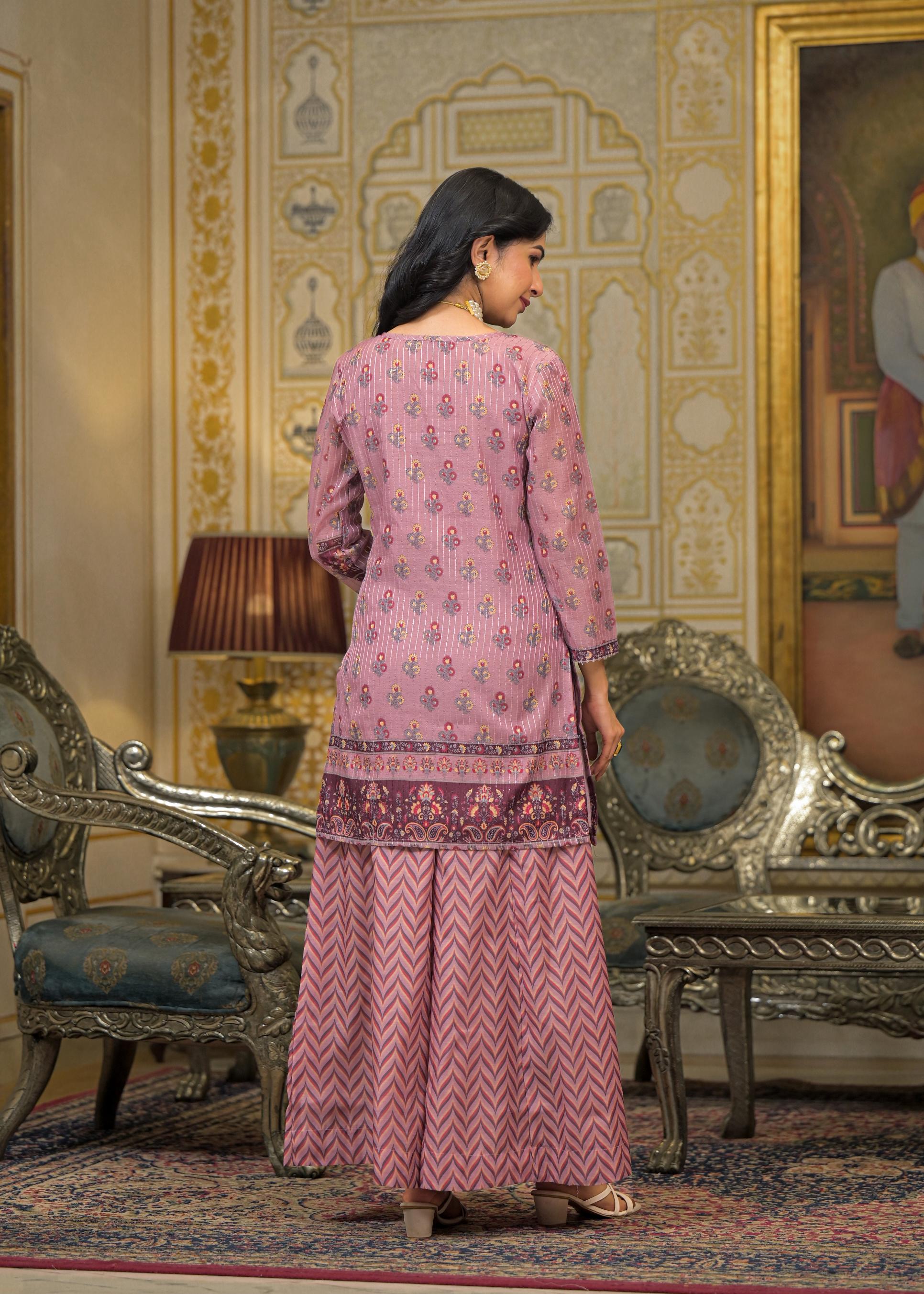 Pink Floral Printed Embroidered Straight Kurta & Palazzo with Dupatta
