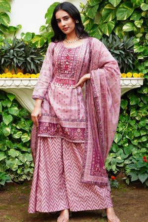 Aavanya Pink Floral Printed Embroidered Round Neck Straight Kurta & Palazzo with Dupatta
