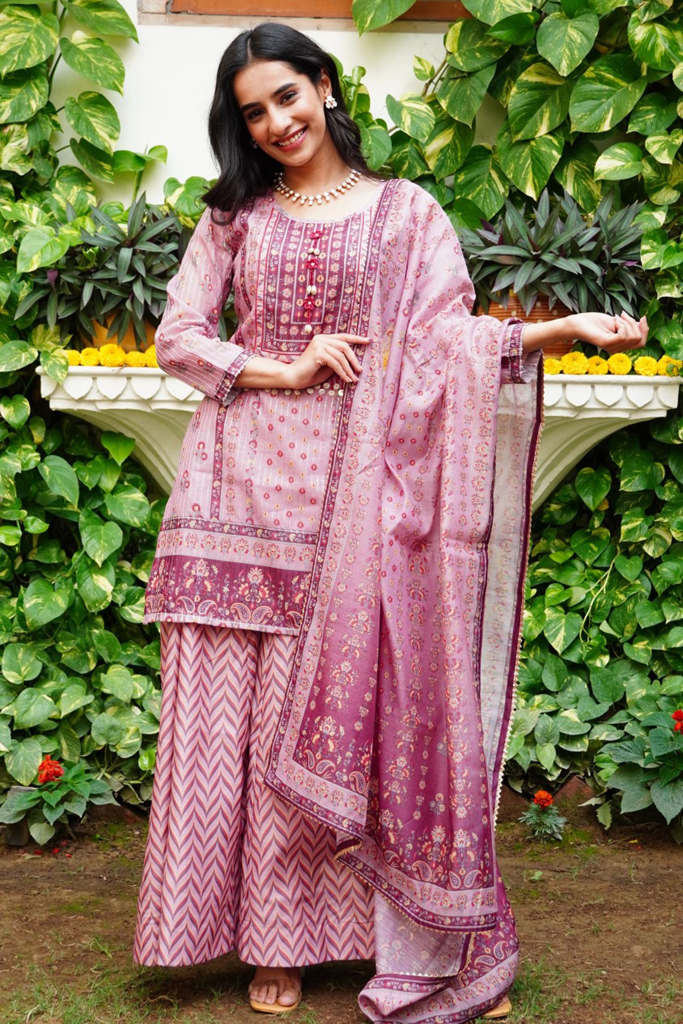 Pink Floral Printed Embroidered Straight Kurta & Palazzo with Dupatta