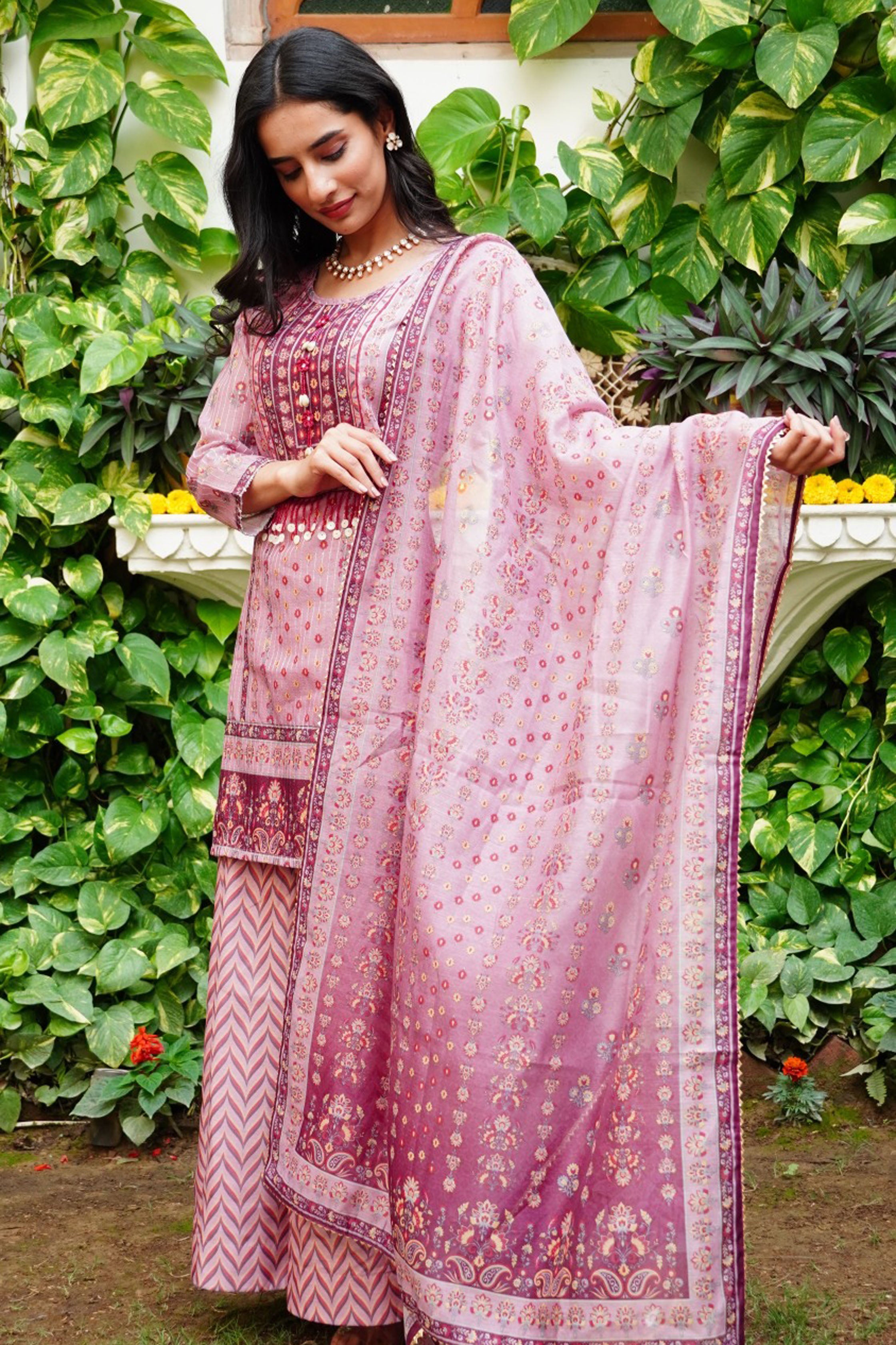Pink Floral Printed Embroidered Straight Kurta & Palazzo with Dupatta