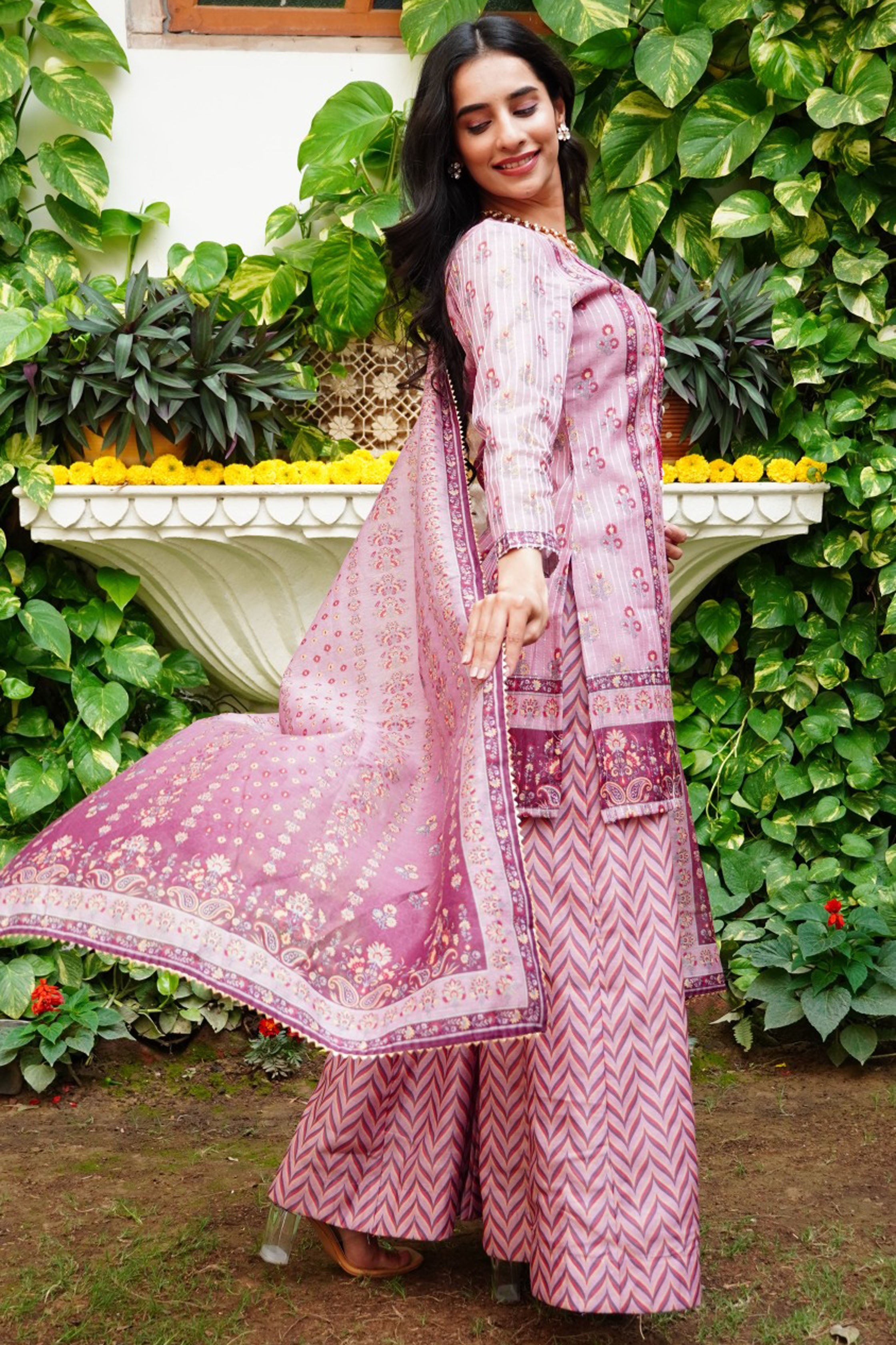 Pink Floral Printed Embroidered Straight Kurta & Palazzo with Dupatta