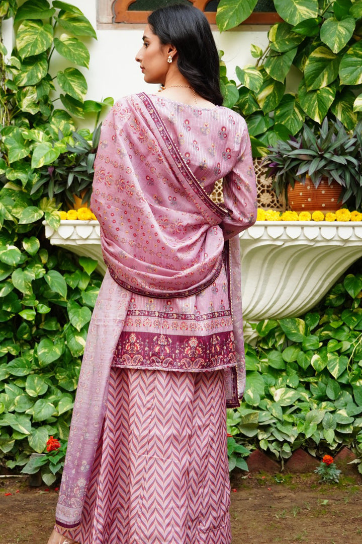 Pink Floral Printed Embroidered Straight Kurta & Palazzo with Dupatta