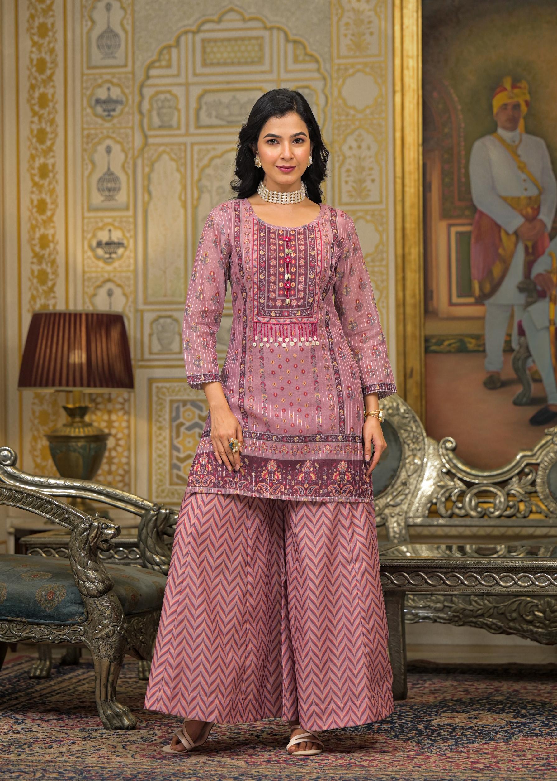 Pink Floral Printed Embroidered Straight Kurta & Palazzo with Dupatta