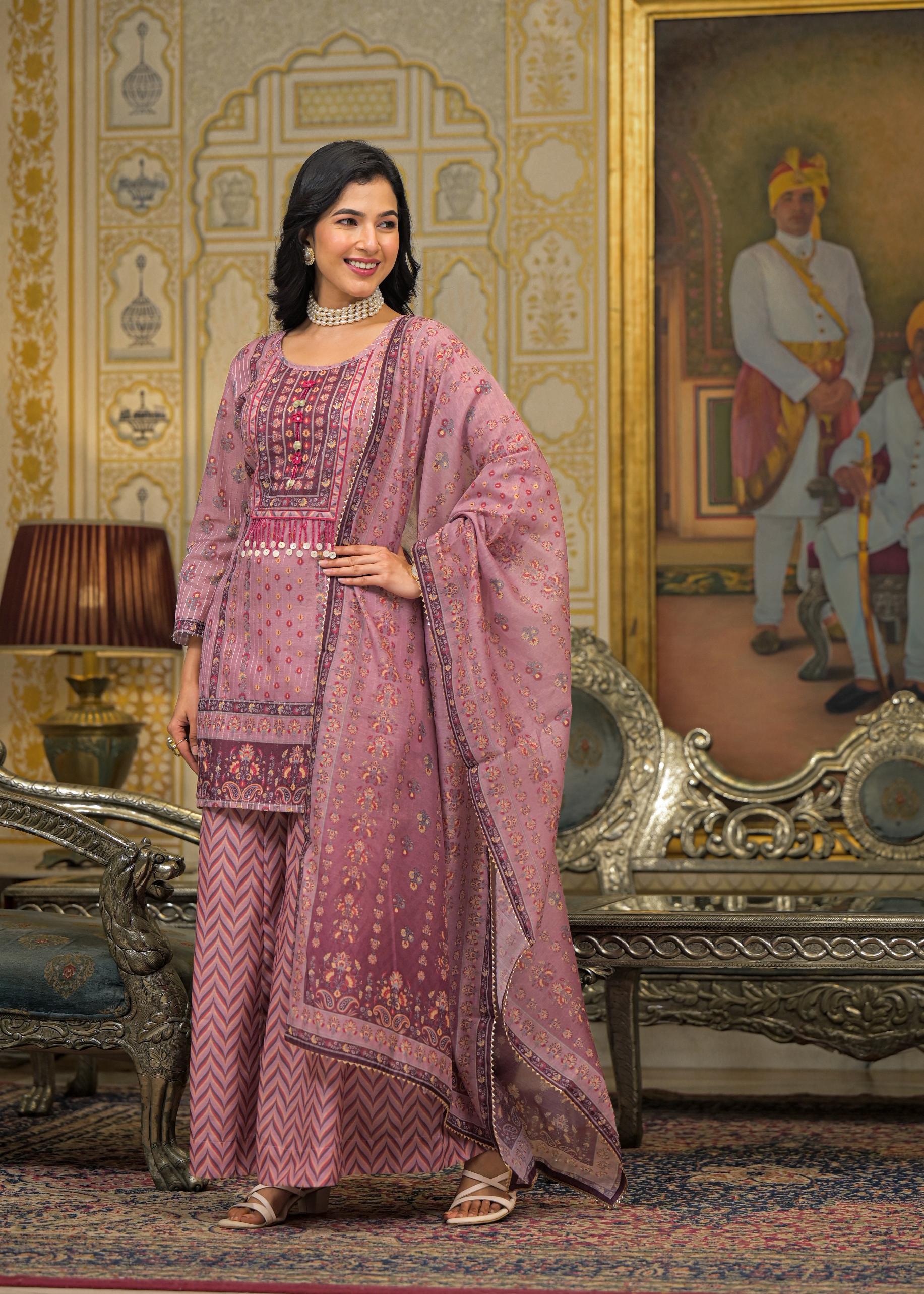 Pink Floral Printed Embroidered Straight Kurta & Palazzo with Dupatta