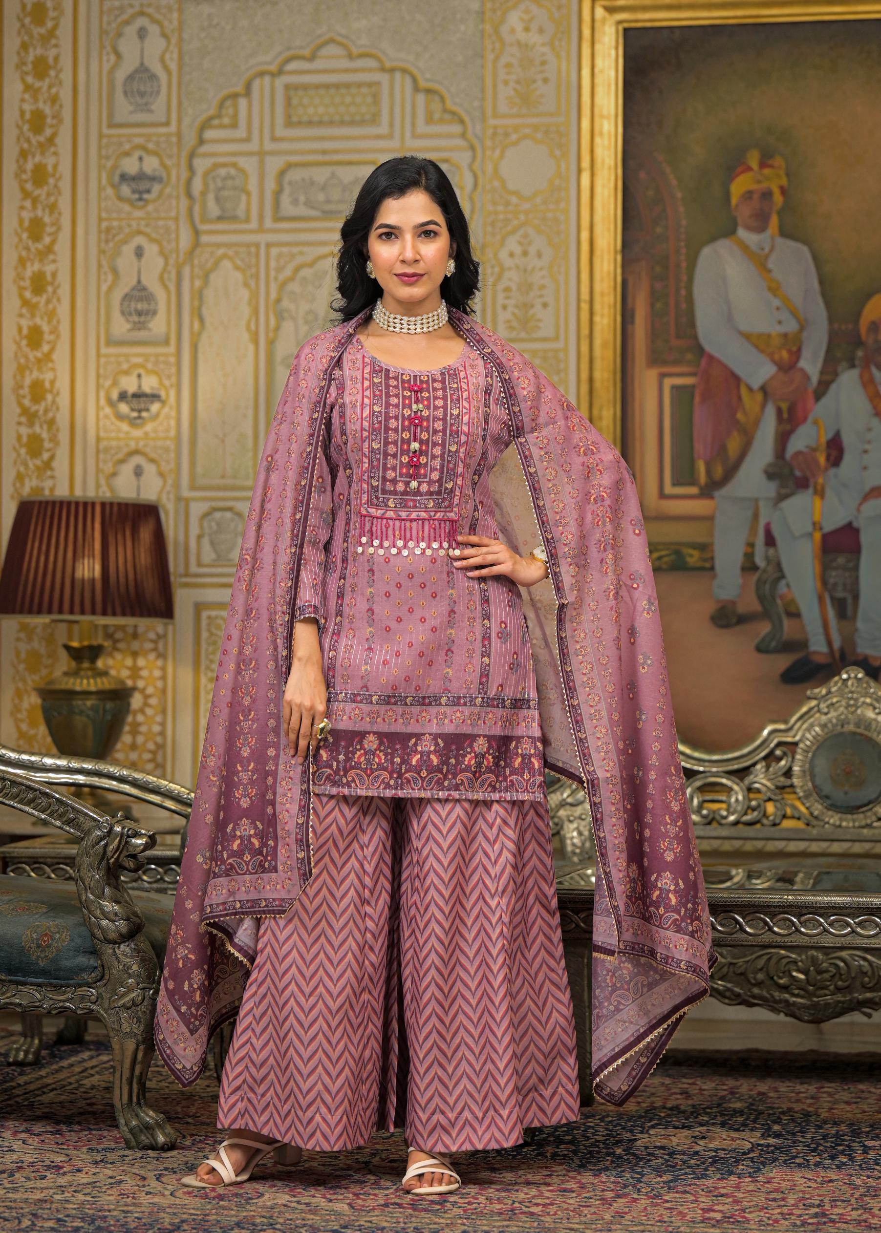 Pink Floral Printed Embroidered Straight Kurta & Palazzo with Dupatta