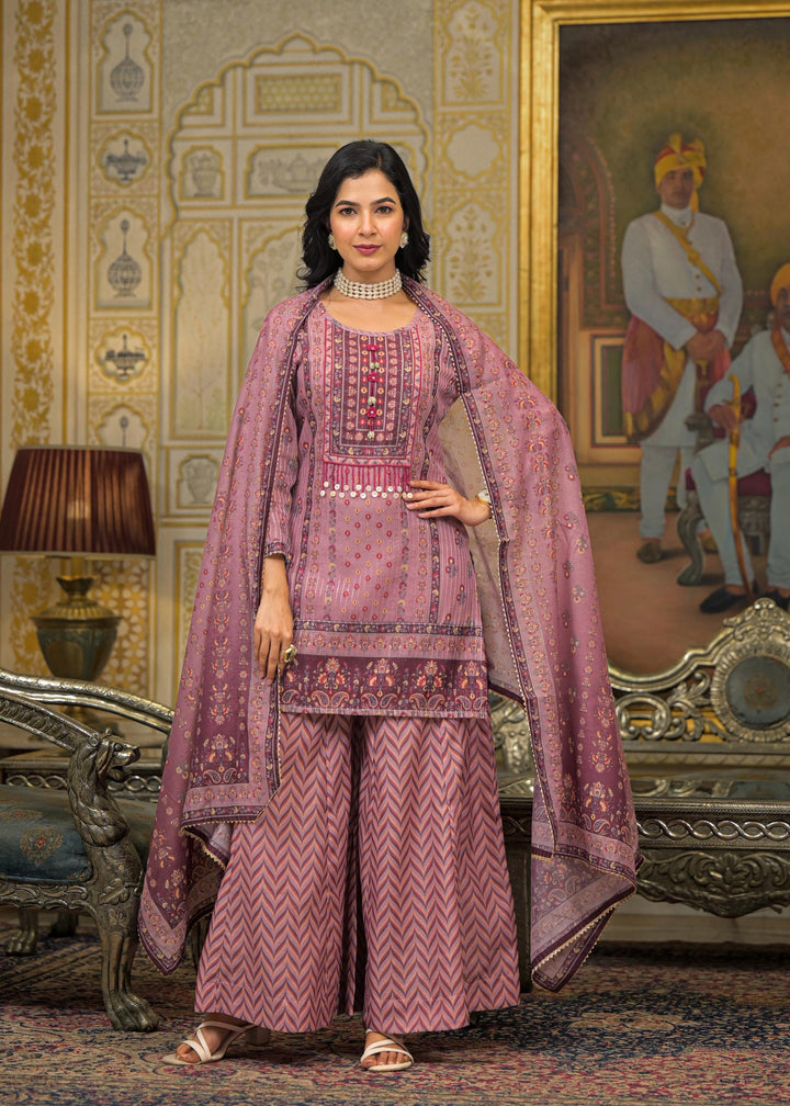 Pink Floral Printed Embroidered Straight Kurta & Palazzo with Dupatta