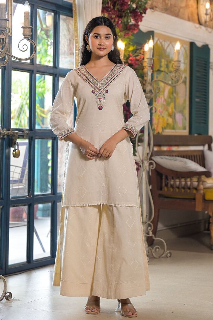 Aavanya Off White Embroidered V-Neck Straight Kurta & Palazzo with Dupatta