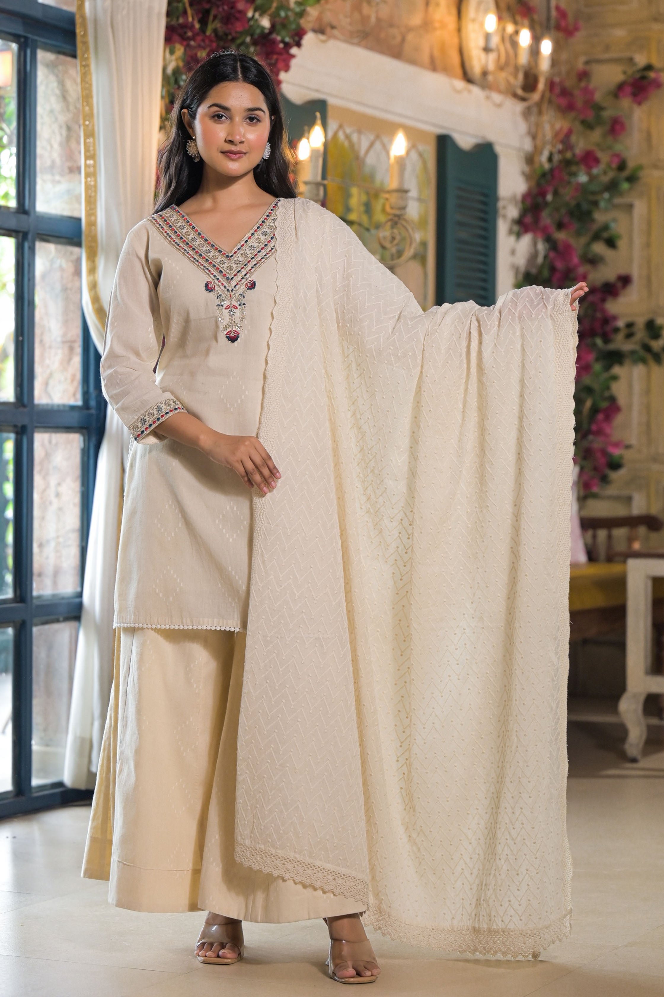 Off White Embroidered V-Neck Straight Kurta & Palazzo with Dupatta