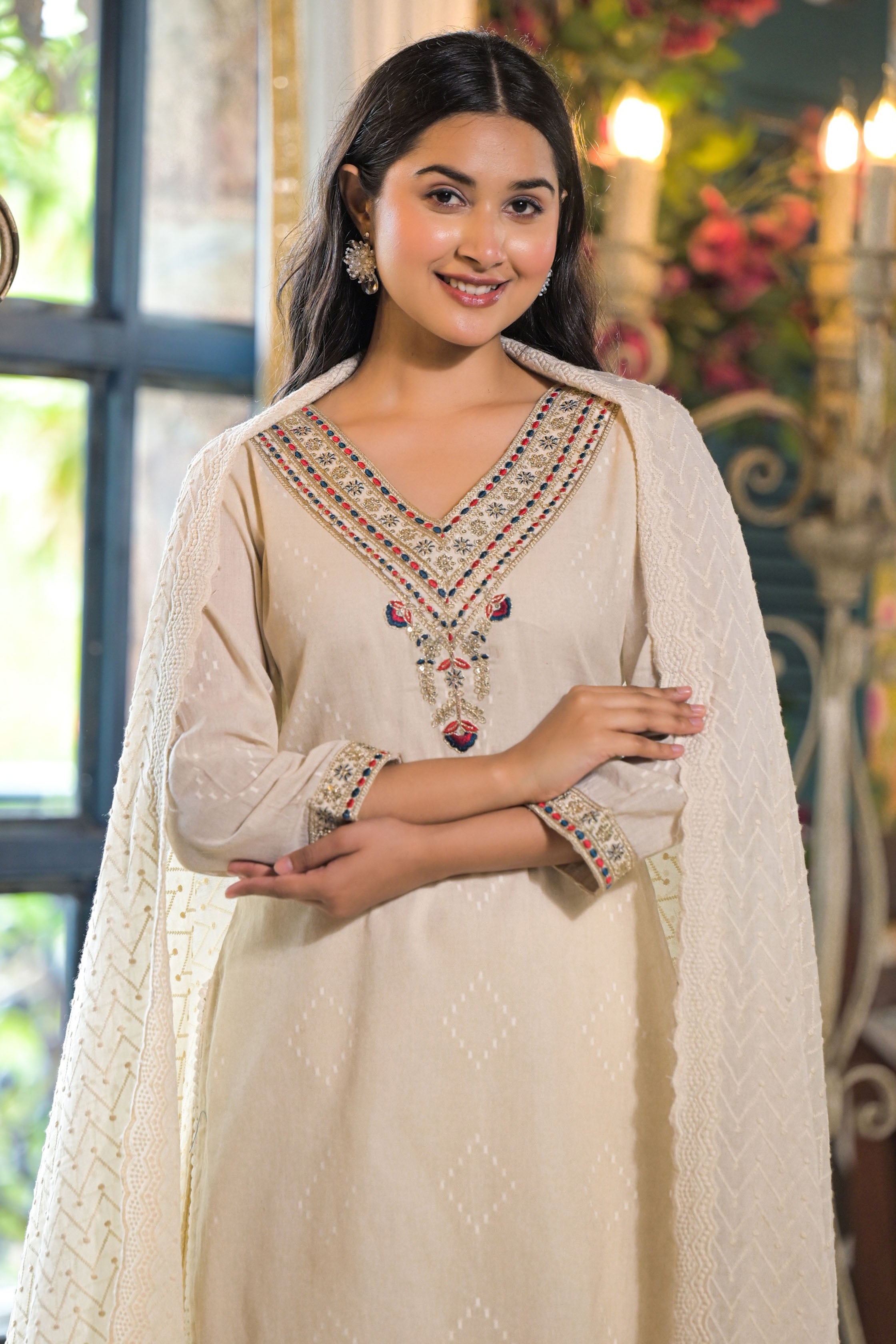 Off White Embroidered V-Neck Straight Kurta & Palazzo with Dupatta