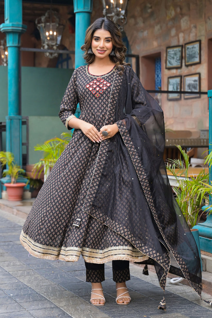 Aavanya Black Cotton Regular Anarkali Round Neck Mirror Work Kurta and Trouser with Duaptta