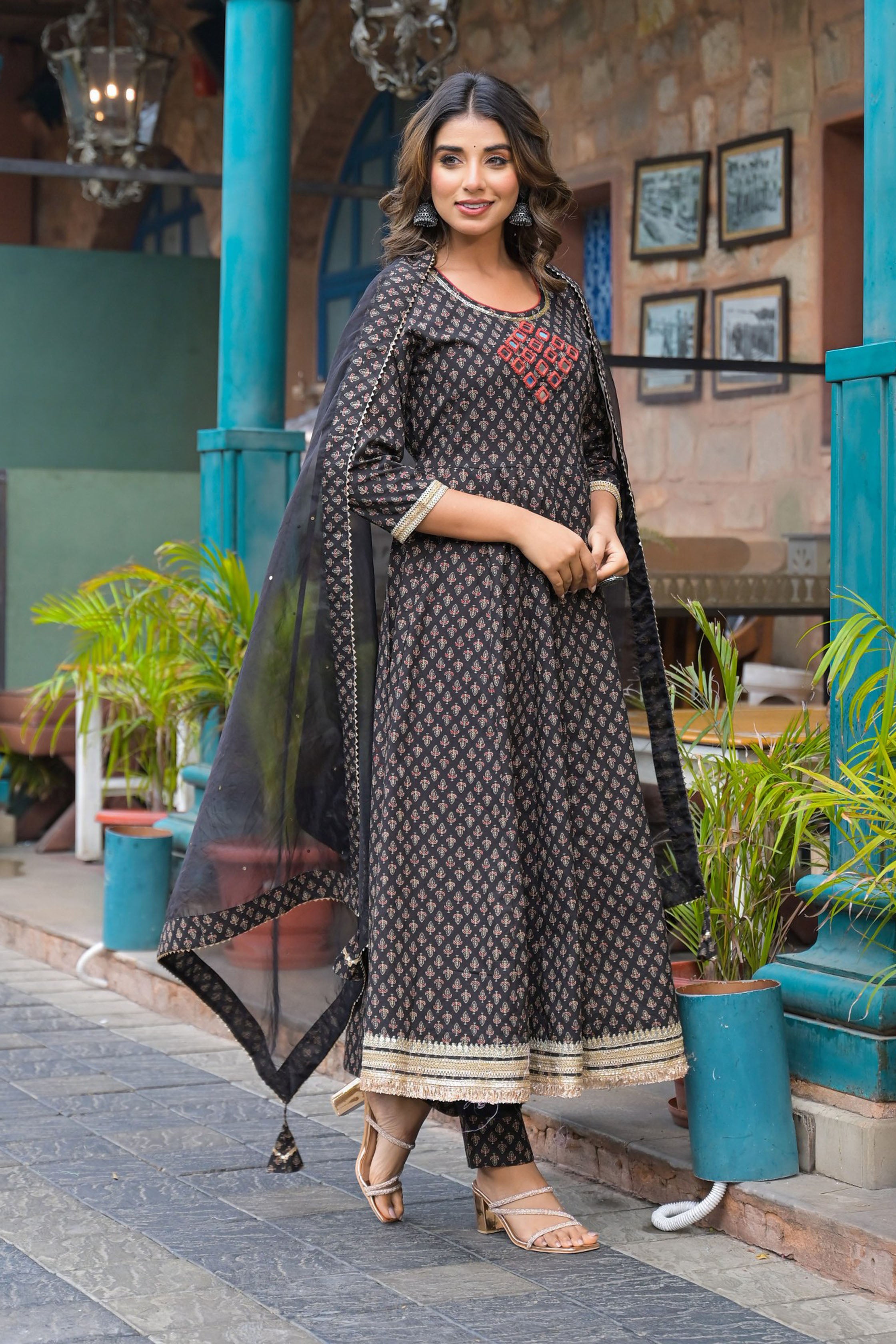 Black Cotton Regular Anarkali Round Neck Mirror Work Kurta and Trouser with Duaptta